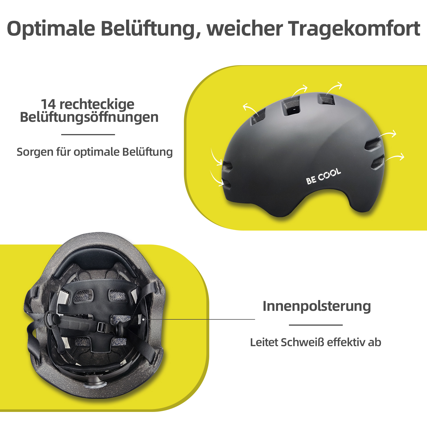 Schwarzer Helm, Ansicht von oben und innen. Belüftungsöffnungen und weiche Polsterung.