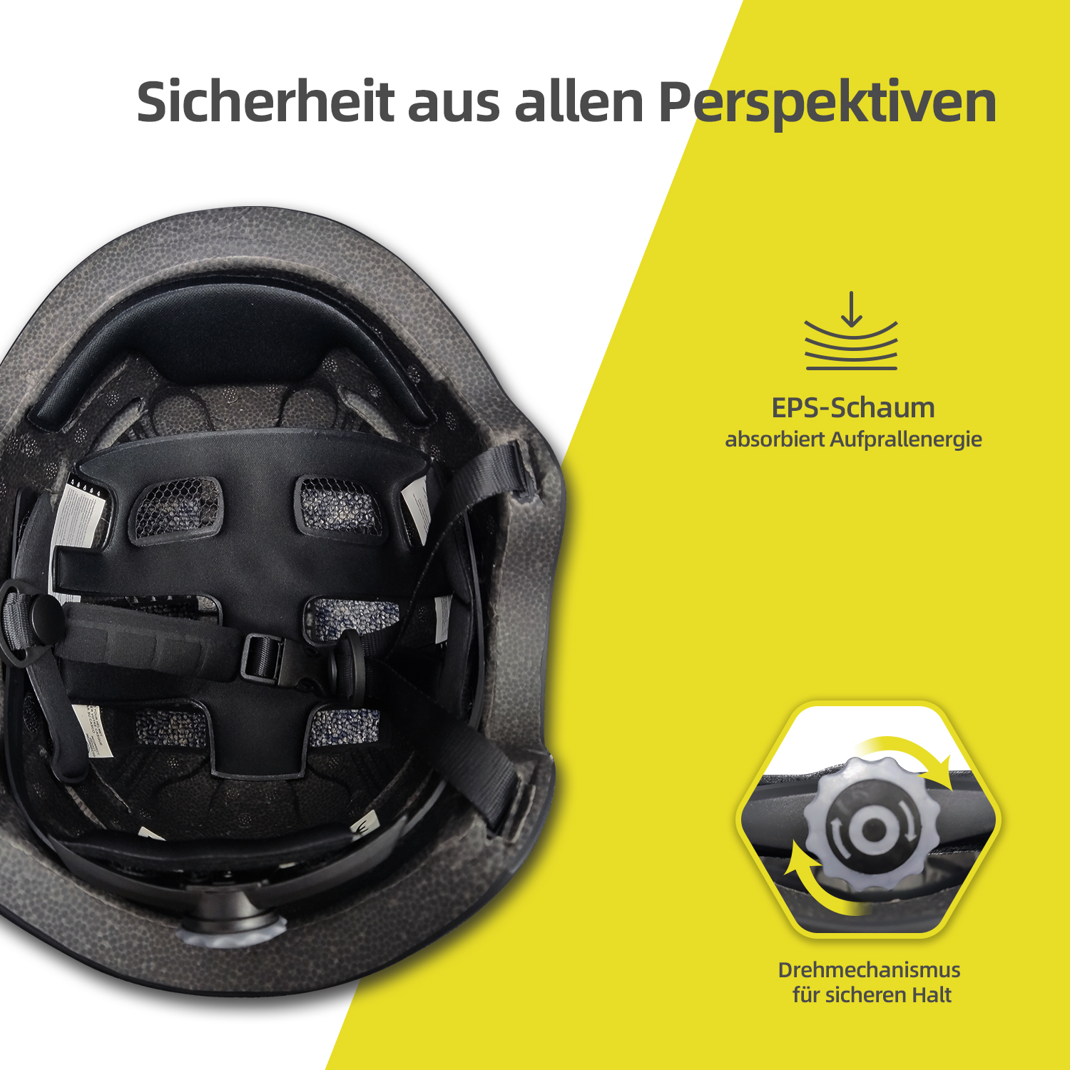 Schwarzer Helm. Innenansicht, EPS-Schaum und Einstellmechanismus gezeigt.