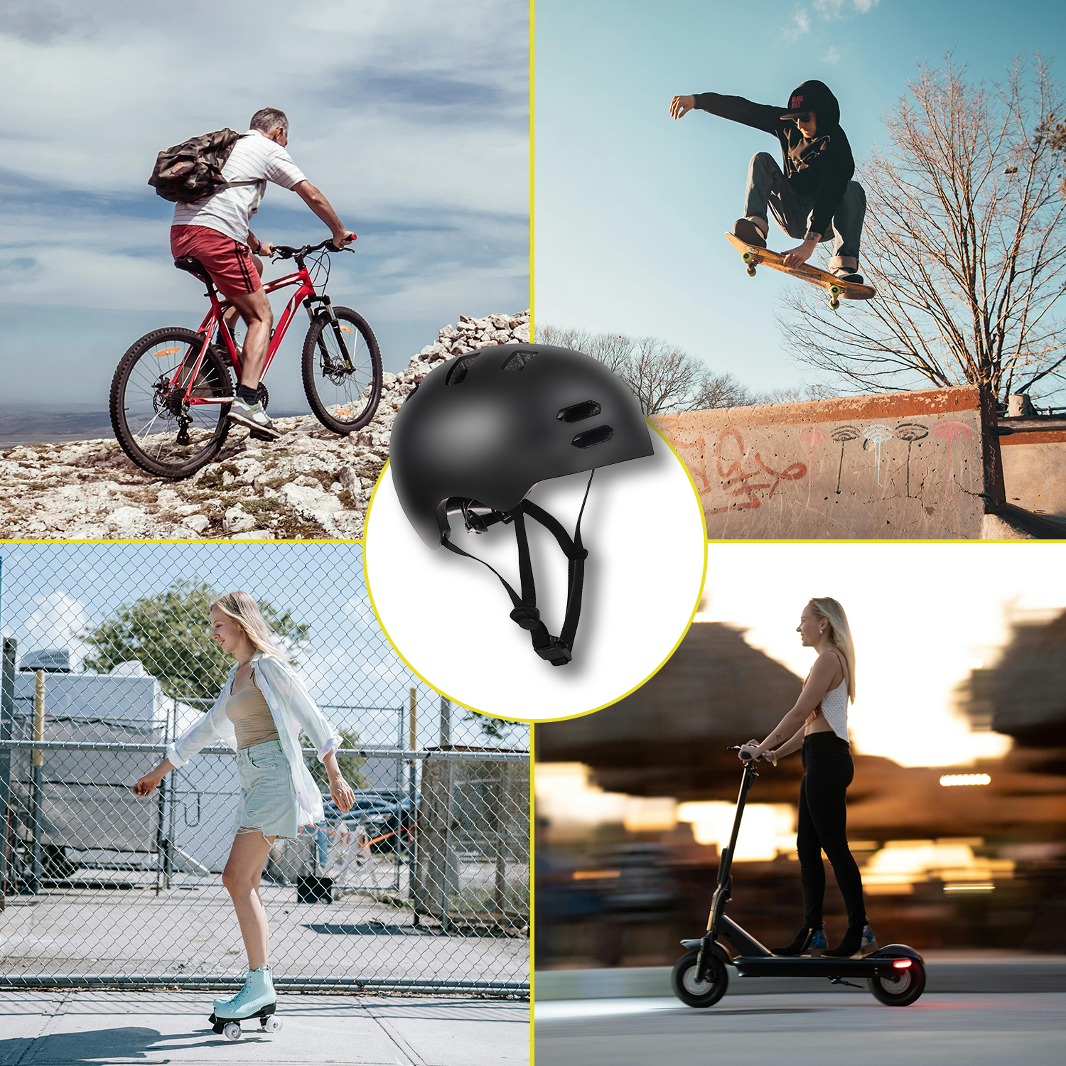 Personen, die den Helm benutzen. Radfahren, Skateboarden, Rollschuhlaufen und Rollerfahren.