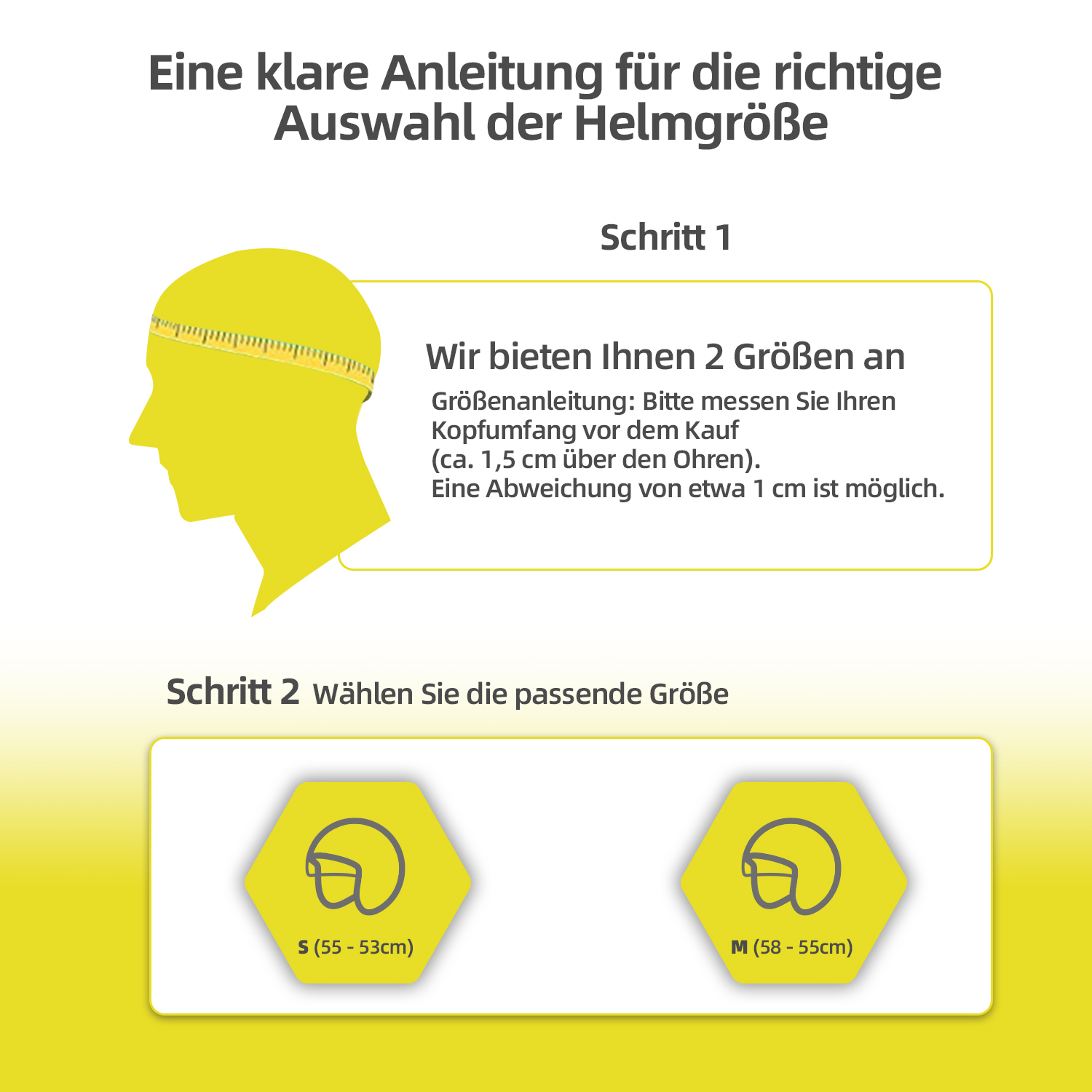 Diagramm zur Messung der Kopfgröße für den Helm. Zwei Größenoptionen werden gezeigt.