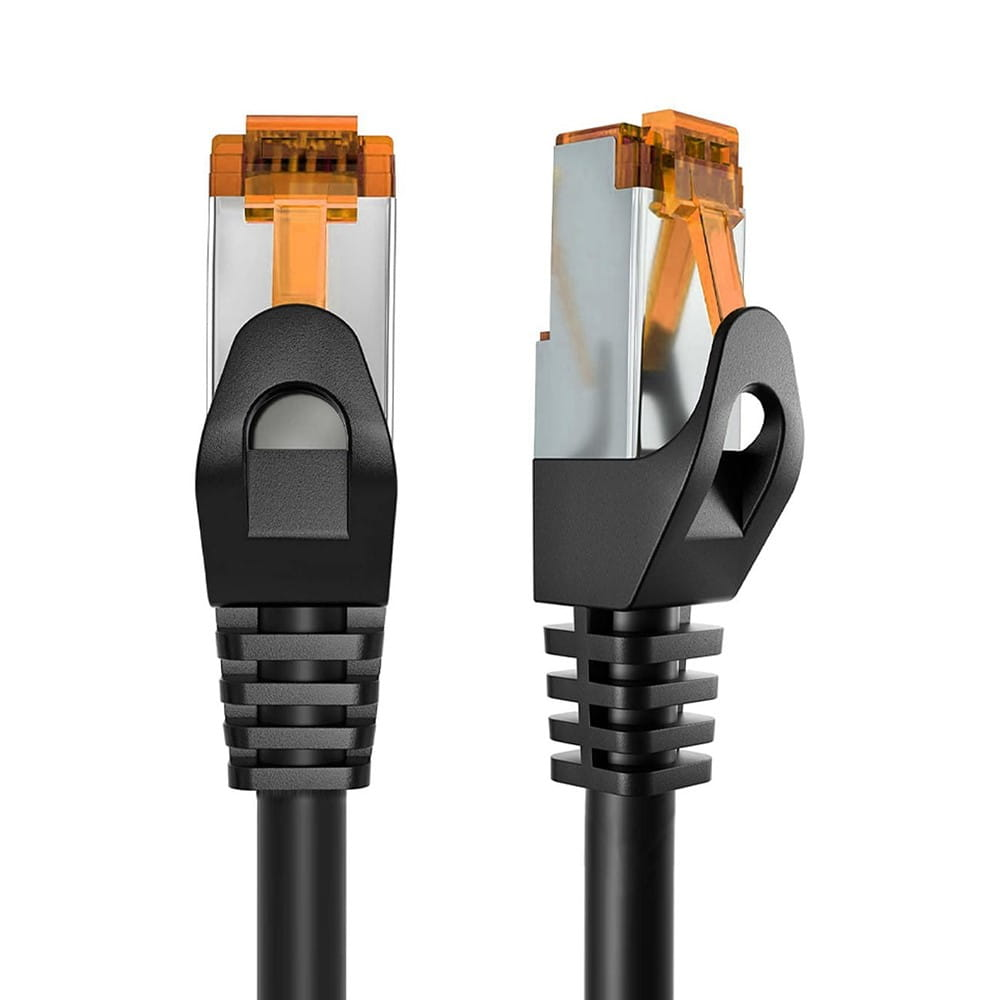 Dwa złącza RJ45 z czarną obudową i pomarańczowymi przewodami wewnętrznymi.