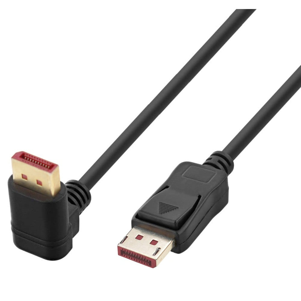 Cavo DisplayPort nero, angolato e dritto, con connettori. Su bianco.