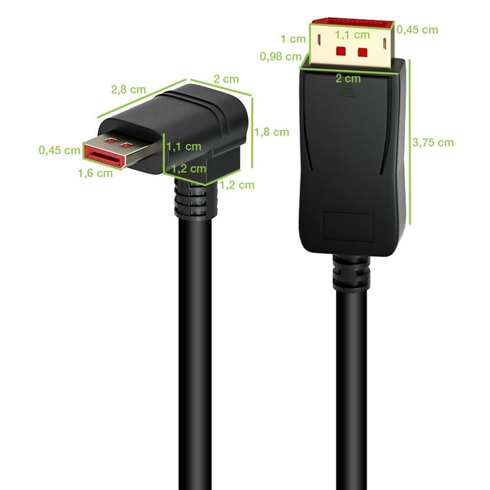 Cavo DisplayPort con alloggiamento nero e connettori rossi/oro. Dimensioni visualizzate.