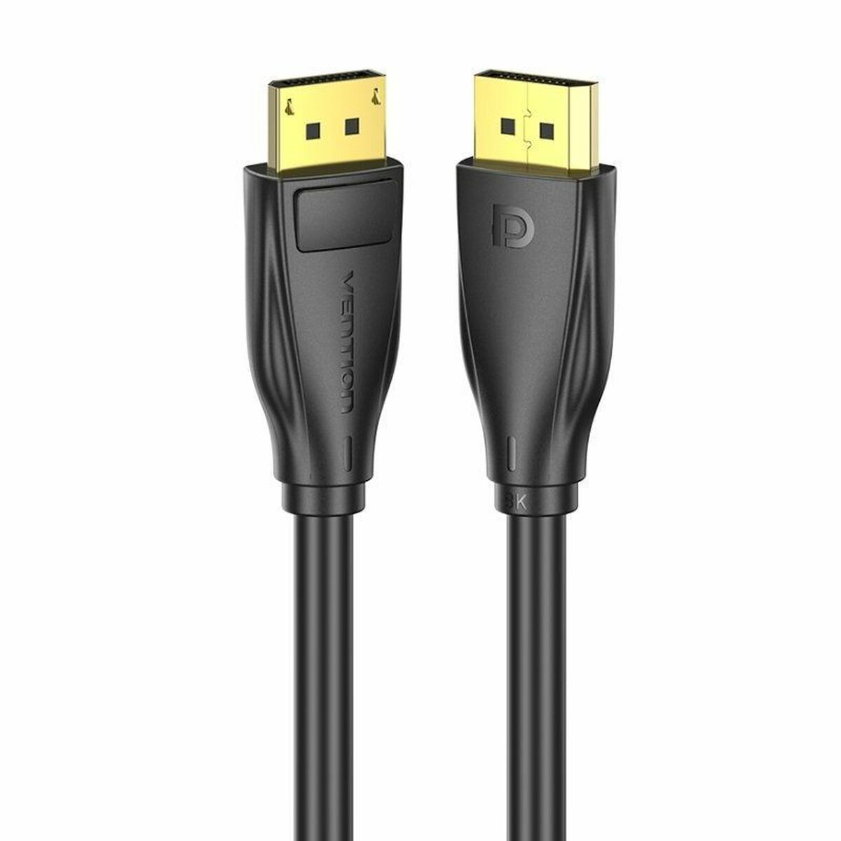 Due cavi DisplayPort, neri con connettori dorati, su sfondo bianco. Marchio Vention.