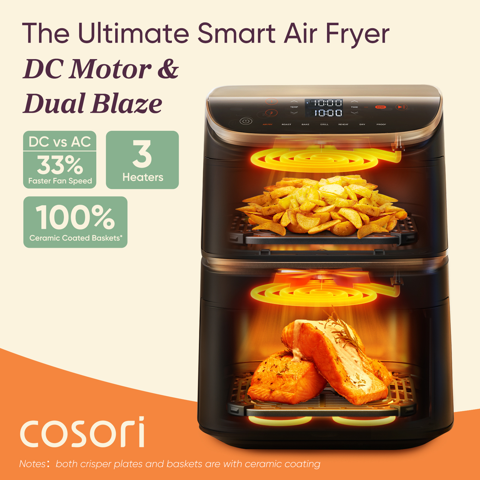 Friteuse à air noire avec nourriture. Le texte montre les fonctionnalités et la marque 'cosori'.
