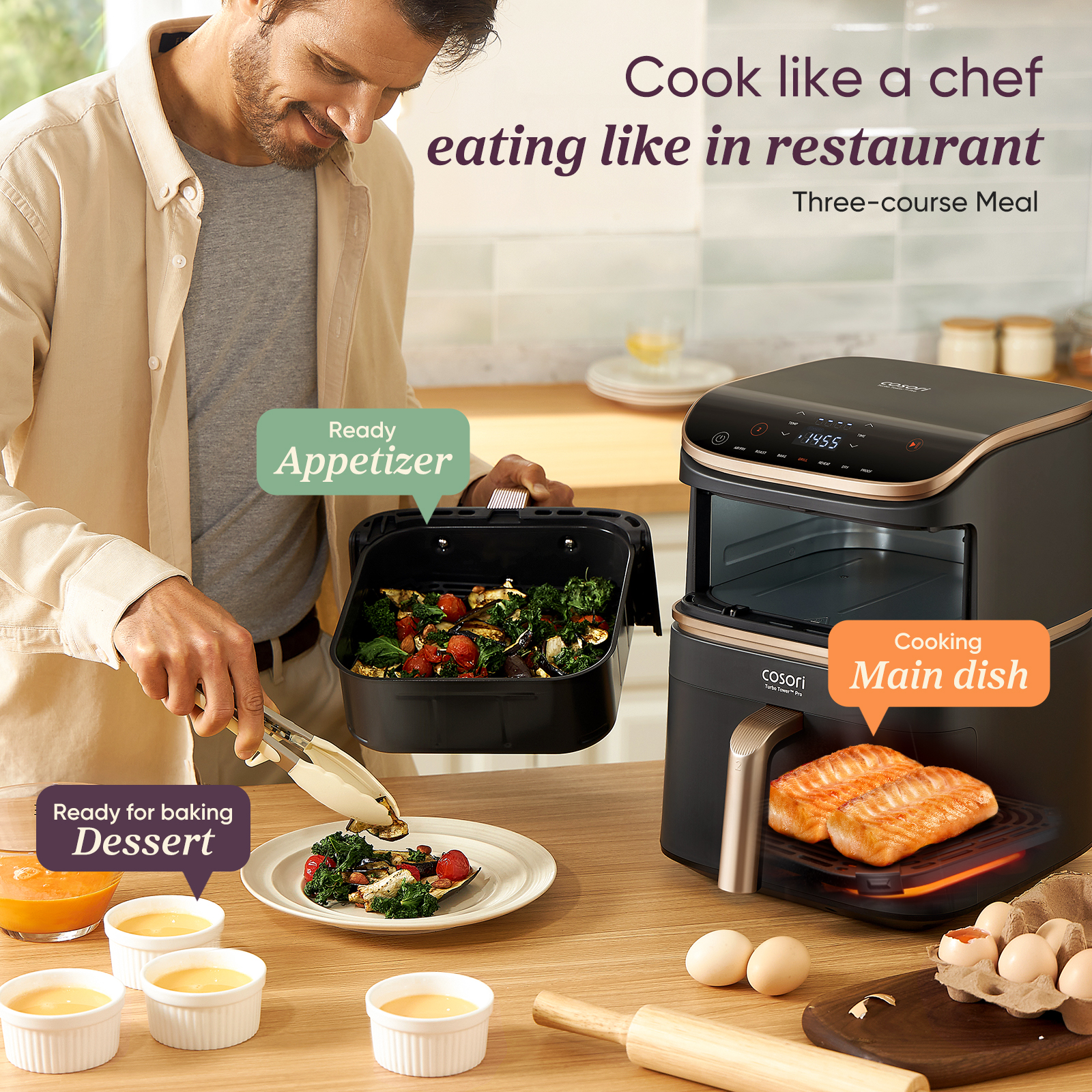 Homme cuisinant avec friteuse à air. Étiquettes alimentaires : apéritif, plat principal, dessert. Œufs et ingrédients.