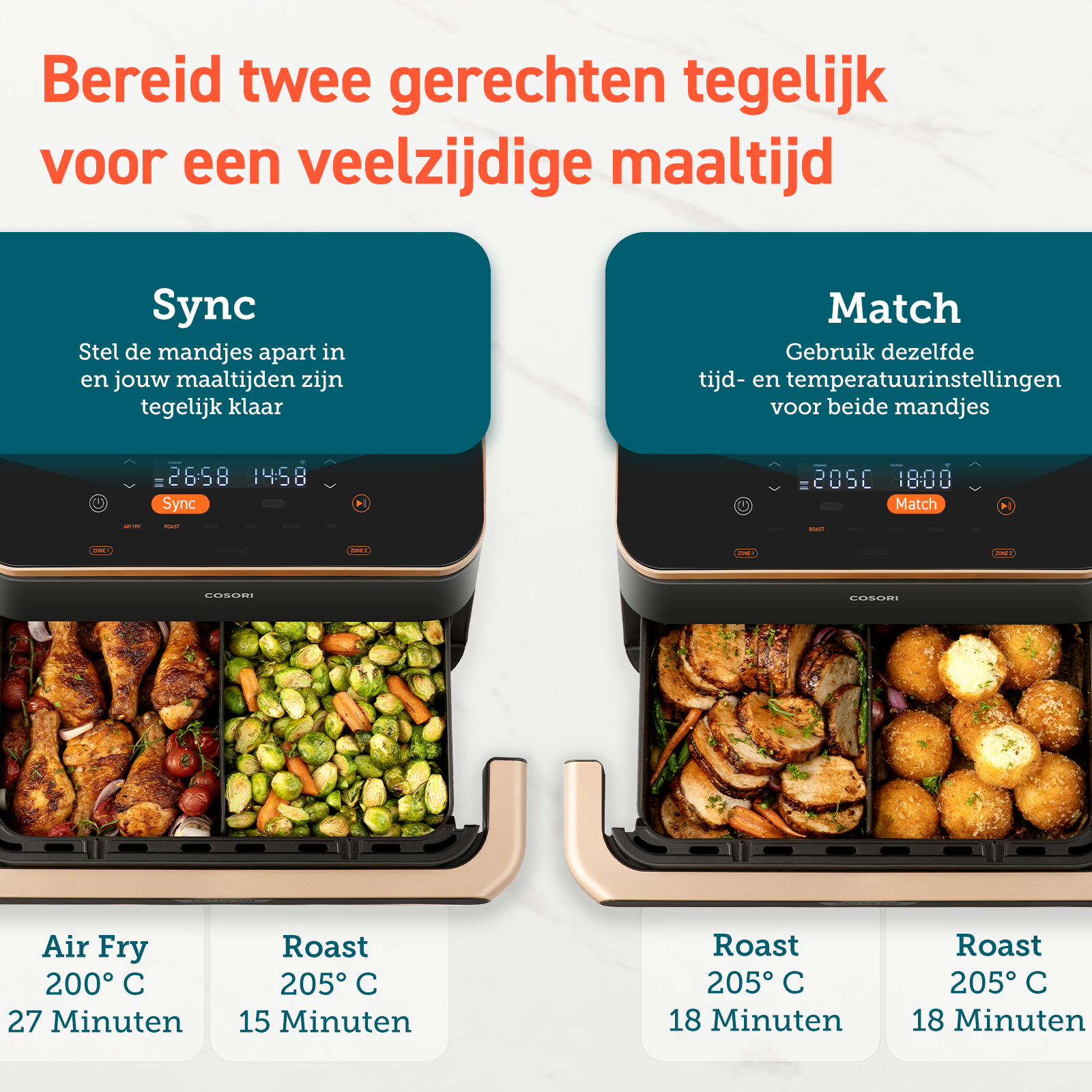 Deux friteuses à air avec de la nourriture. Options Sync et Match. Nourriture : cuisses de poulet et légumes.