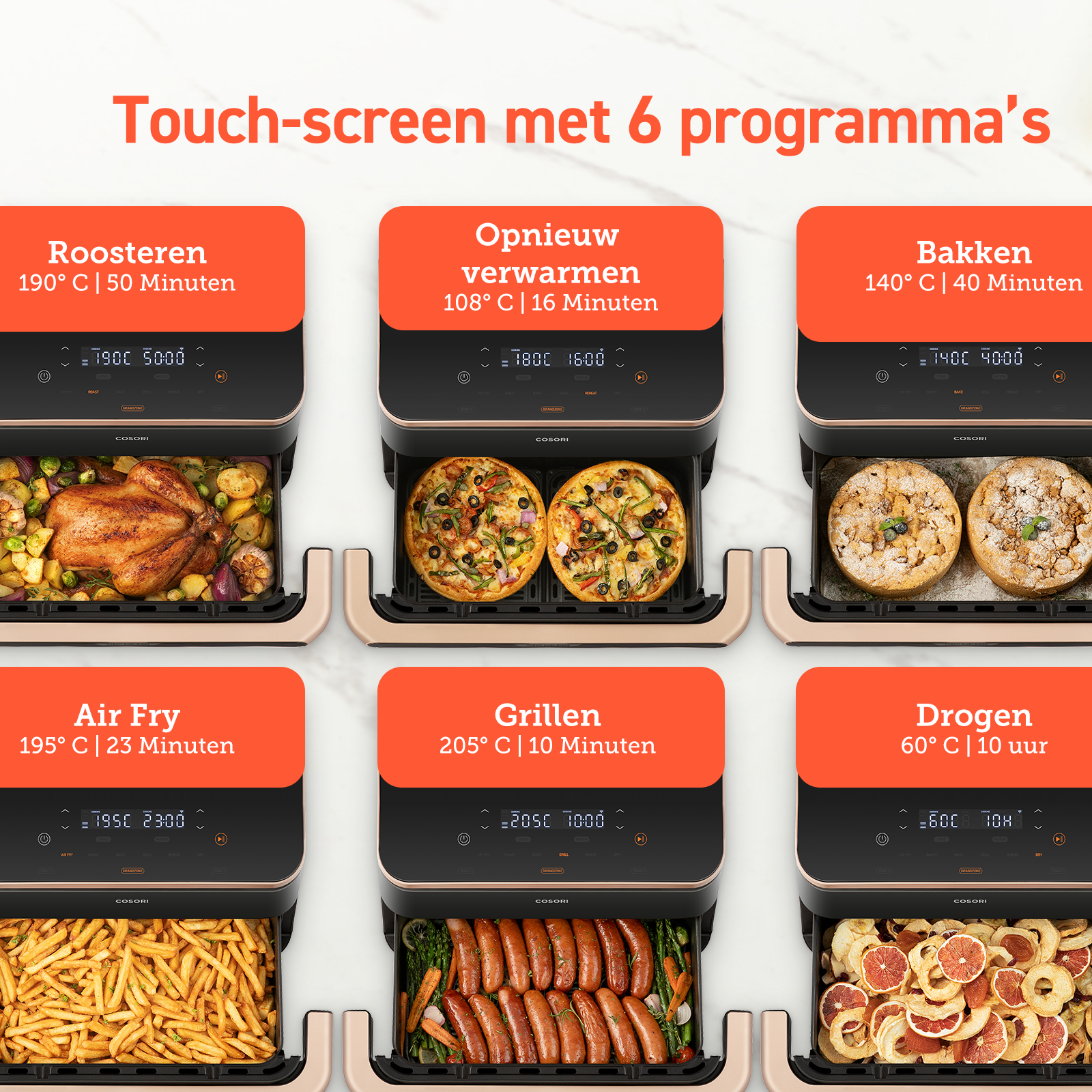 Six friteuses à air avec aliments. Chaque montre un programme de cuisson avec temps et température. Marque 'cosori'.