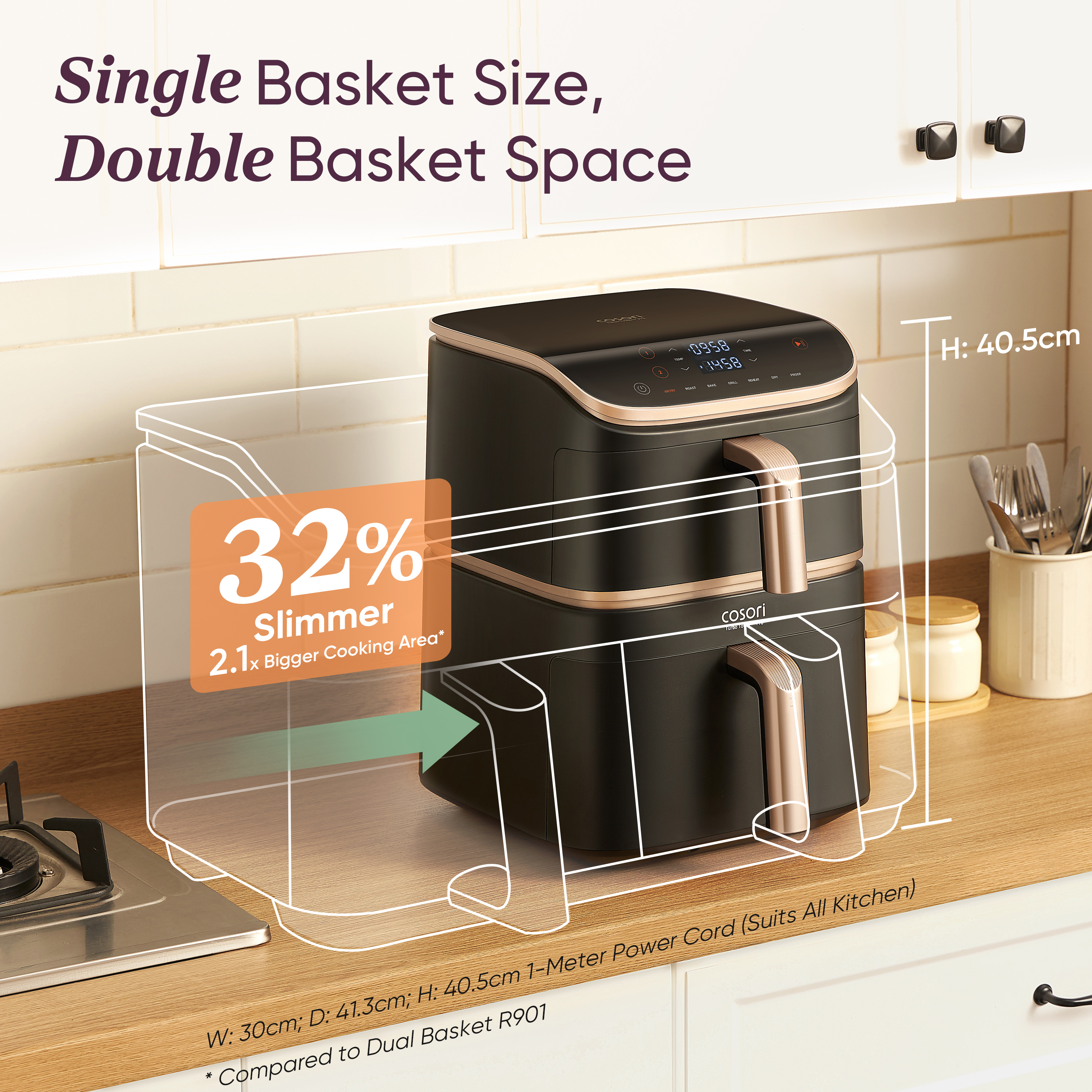 Friteuse à air avec deux paniers, montrant la comparaison des tailles. La hauteur est de 40,5 cm. Fond blanc avec armoire.