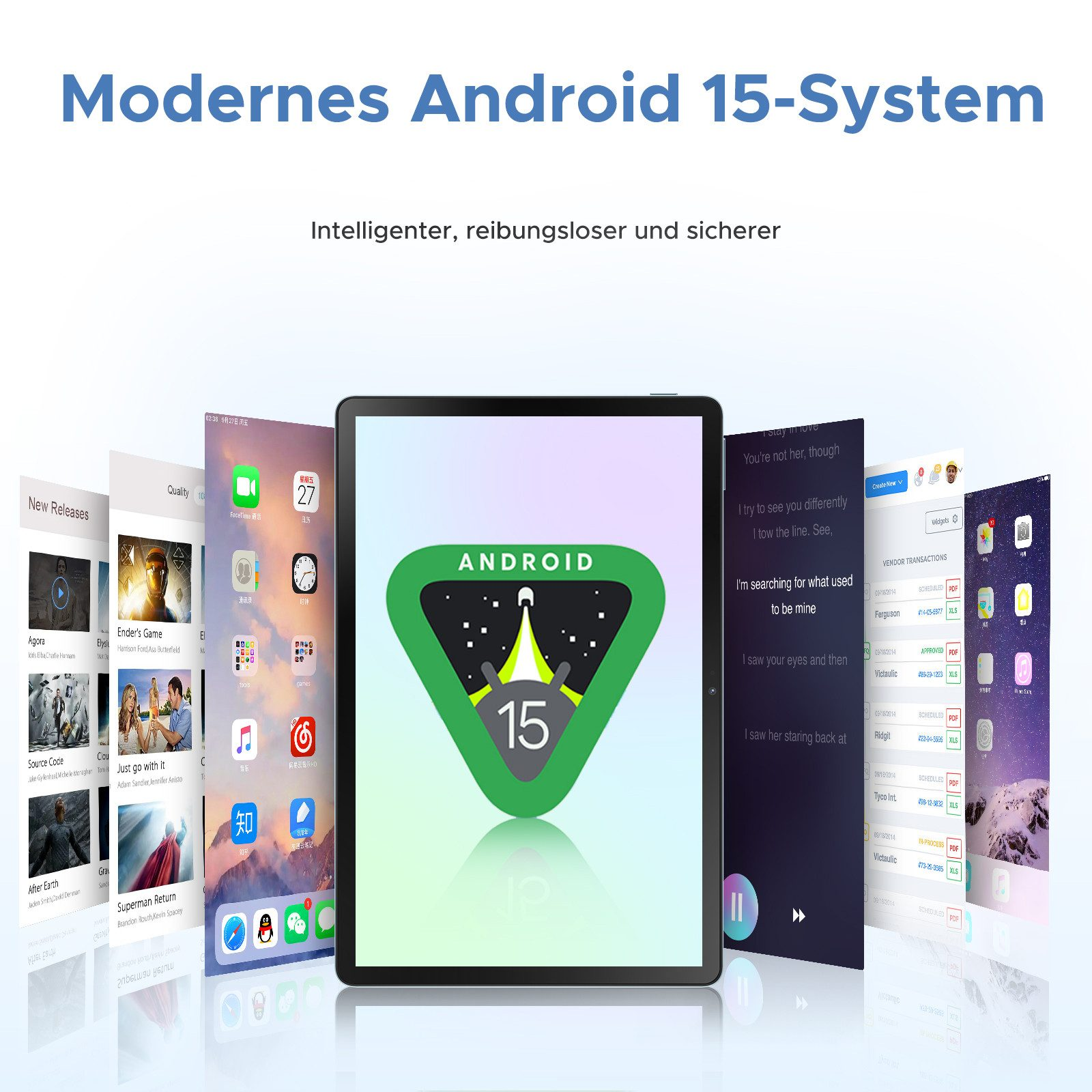 Ein Tablet-Bildschirm, der die Android 15-Oberfläche mit verschiedenen App-Symbolen im Hintergrund anzeigt.