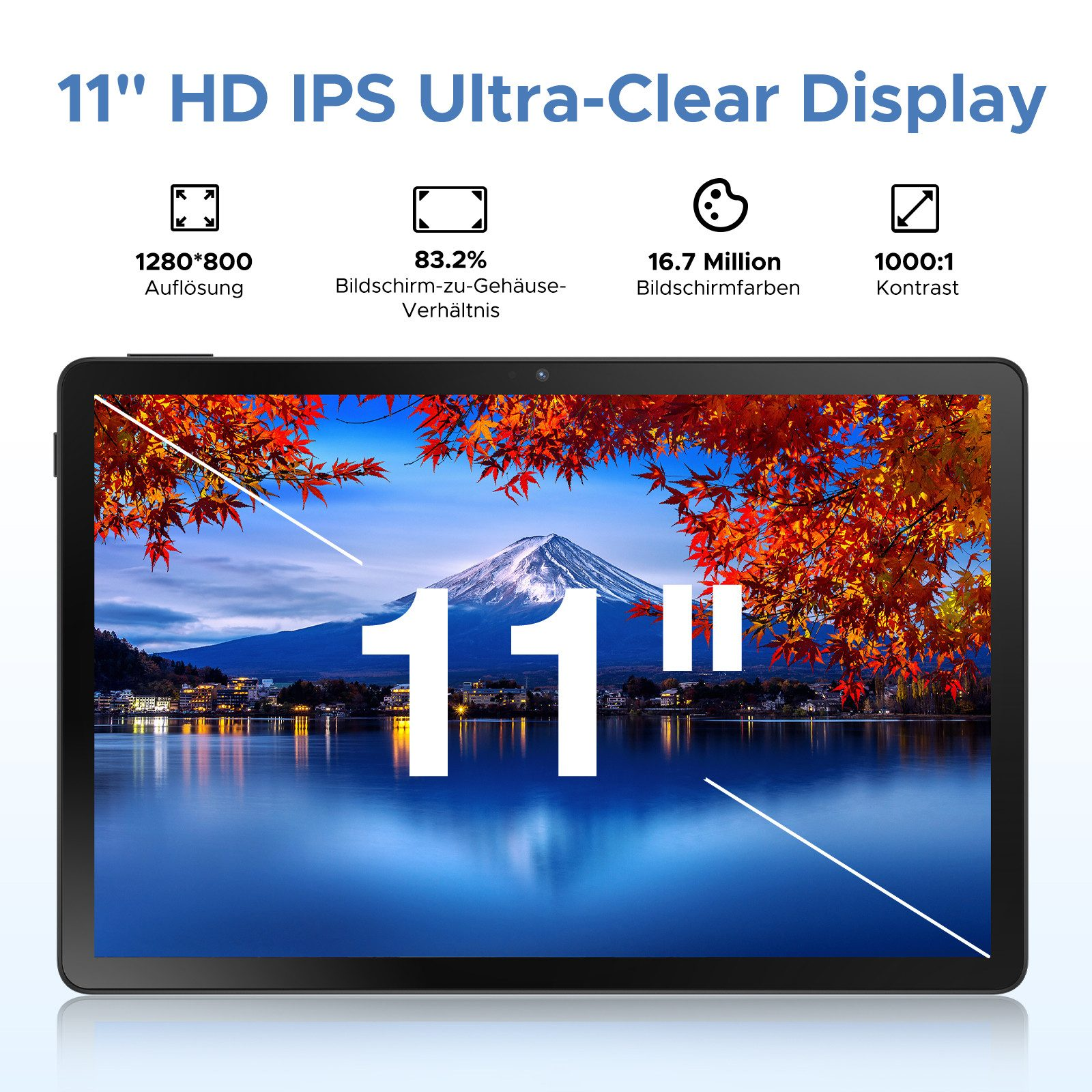 Schwarzes Tablet mit Display. Display zeigt See, Bäume und Berge. Text hebt Merkmale hervor.