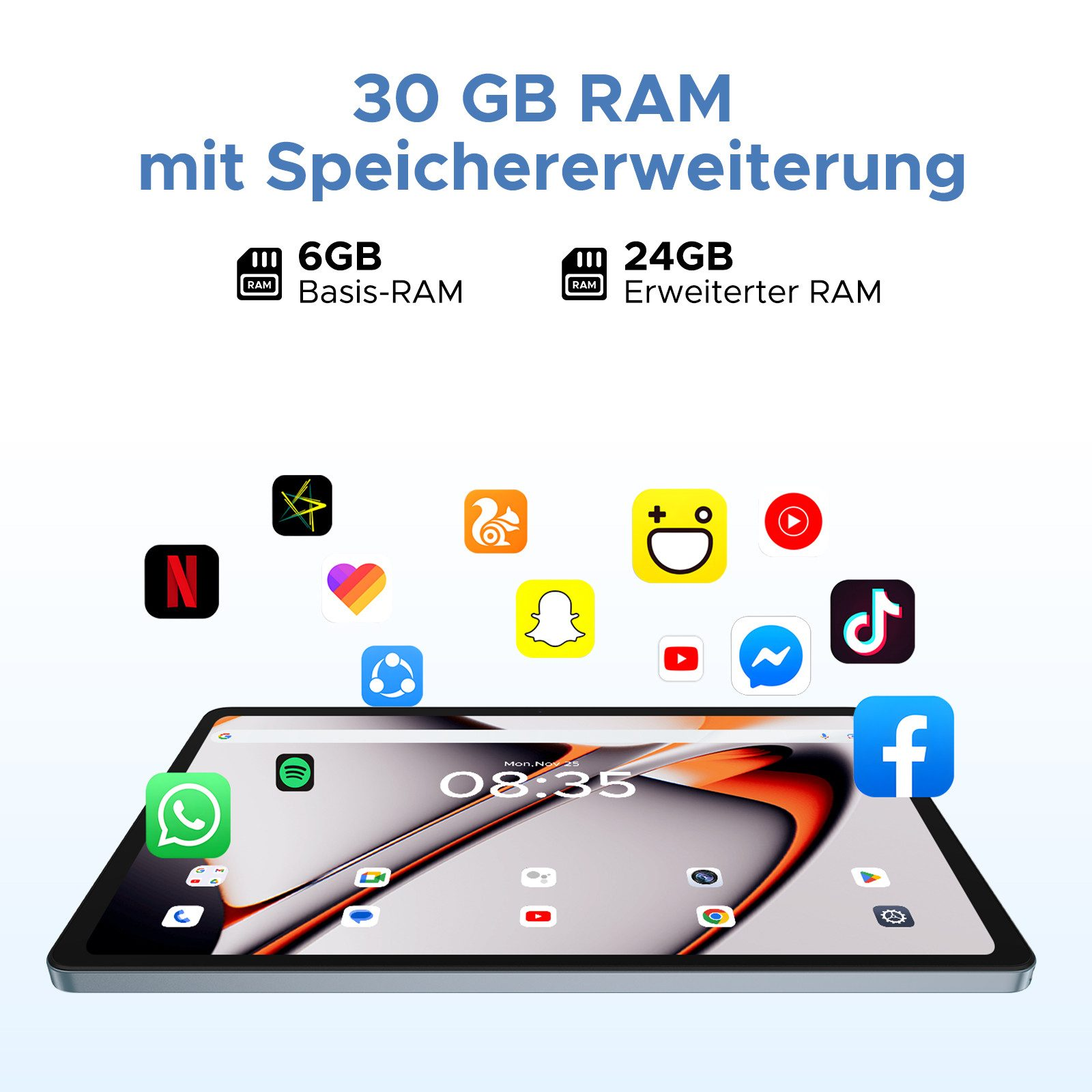 Tablet mit Apps. Apps: Netflix, Herz, Snapchat, YouTube, Facebook usw. Grauer Hintergrund.