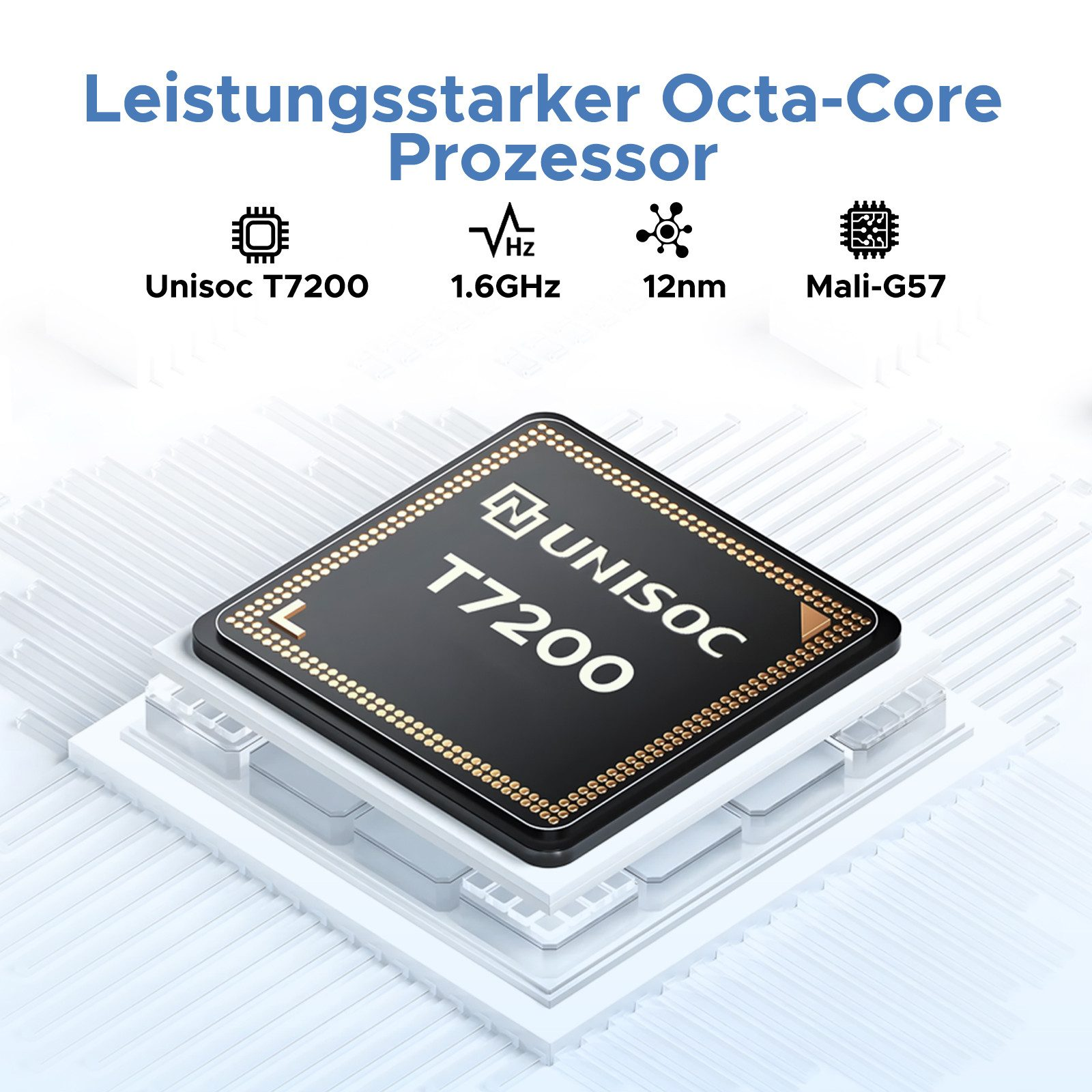 Nahaufnahme eines Prozessors. Text auf dem Prozessor lautet Unisoc T720. Der Hintergrund ist eine weiße Struktur.