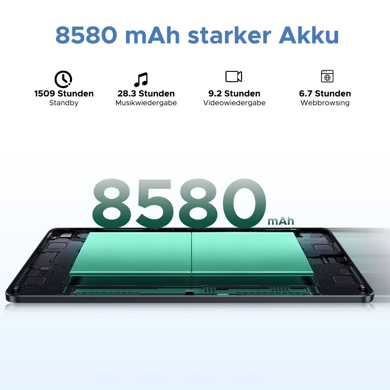 Tablet mit Batterieinformationen. Grafik und Text zeigen Standby, Musik, Video und Web-Browsing-Zeiten.