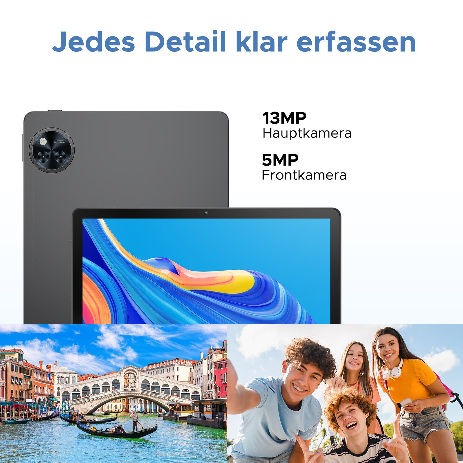 Tablet und Bilder eines Kanals, einer Brücke und einer Gruppe von Leuten, die ein Selfie machen.