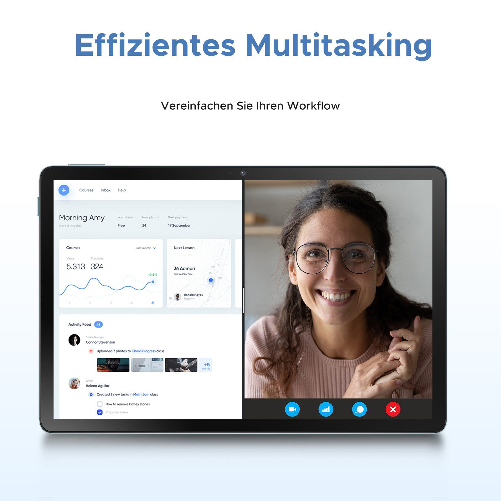 Tablet-Bildschirm mit Website und Frau im Videoanruf. Text zeigt Multitasking-Funktionen.