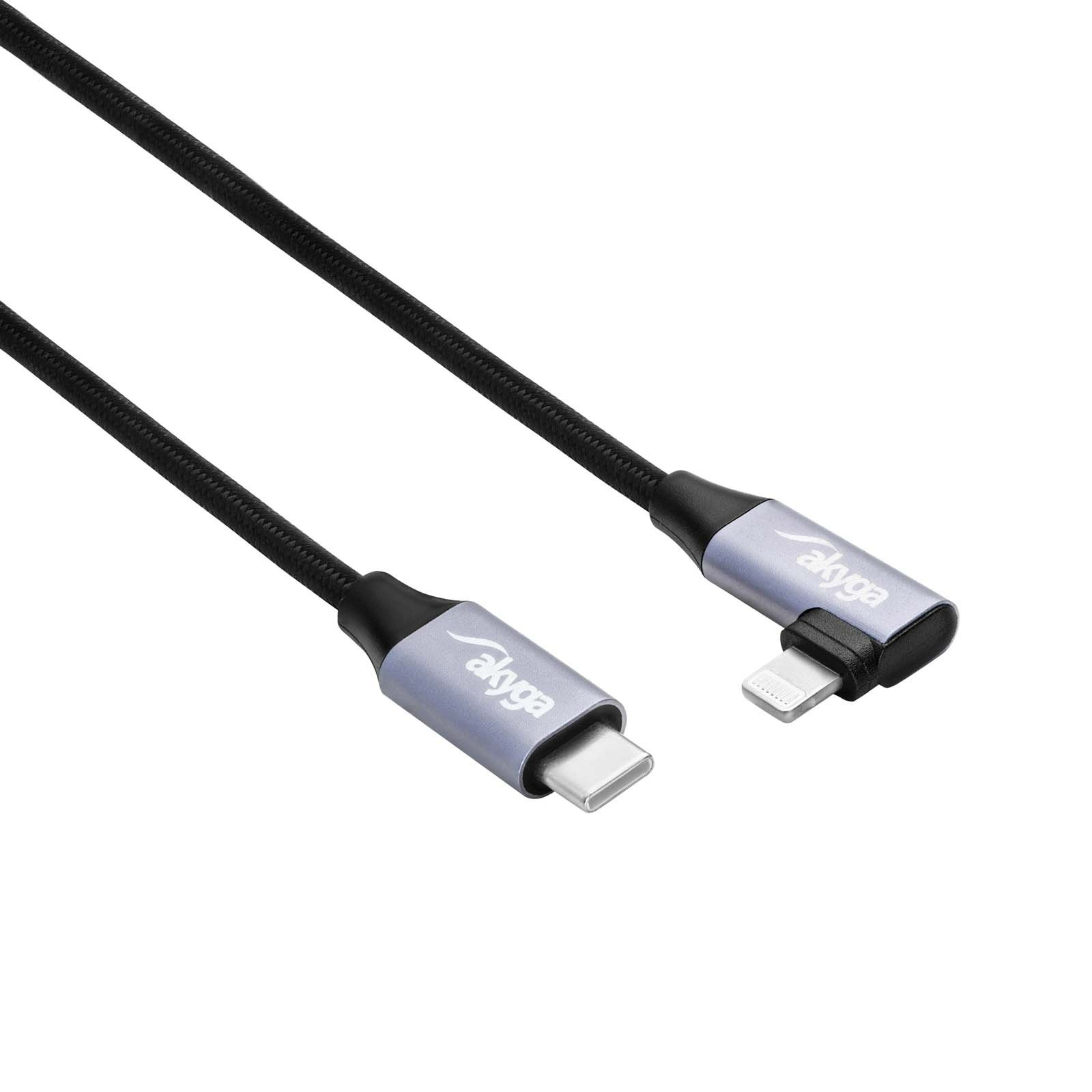 Câble de chargement noir avec USB-C et connecteur Lightning coudé. Étiquette de marque argentée.