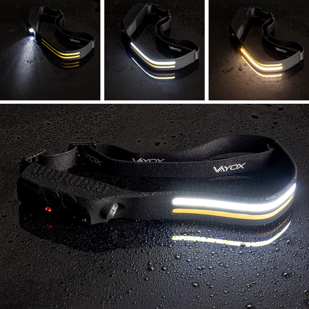 Czarna latarka czołowa z trzema trybami oświetlenia. Widoczne są żółte i białe światła, na czarnym tle.