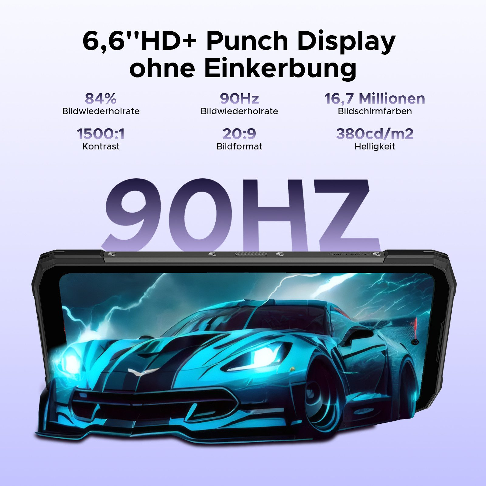 Ein schwarzer Smartphone-Bildschirm mit einer blauen Autografik und Spezifikationen darum herum.