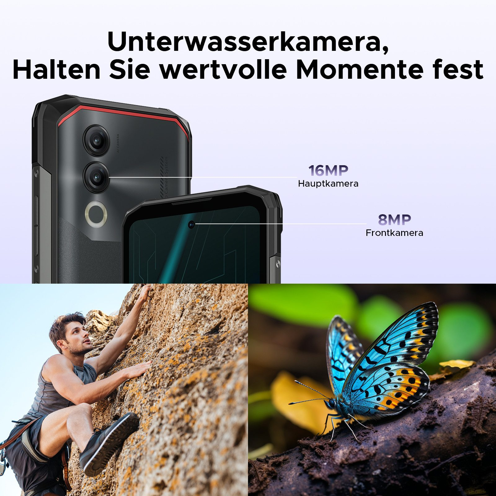 Zwei robuste Telefone mit Bildern von einer kletternden Person, einem Schmetterling und Text.