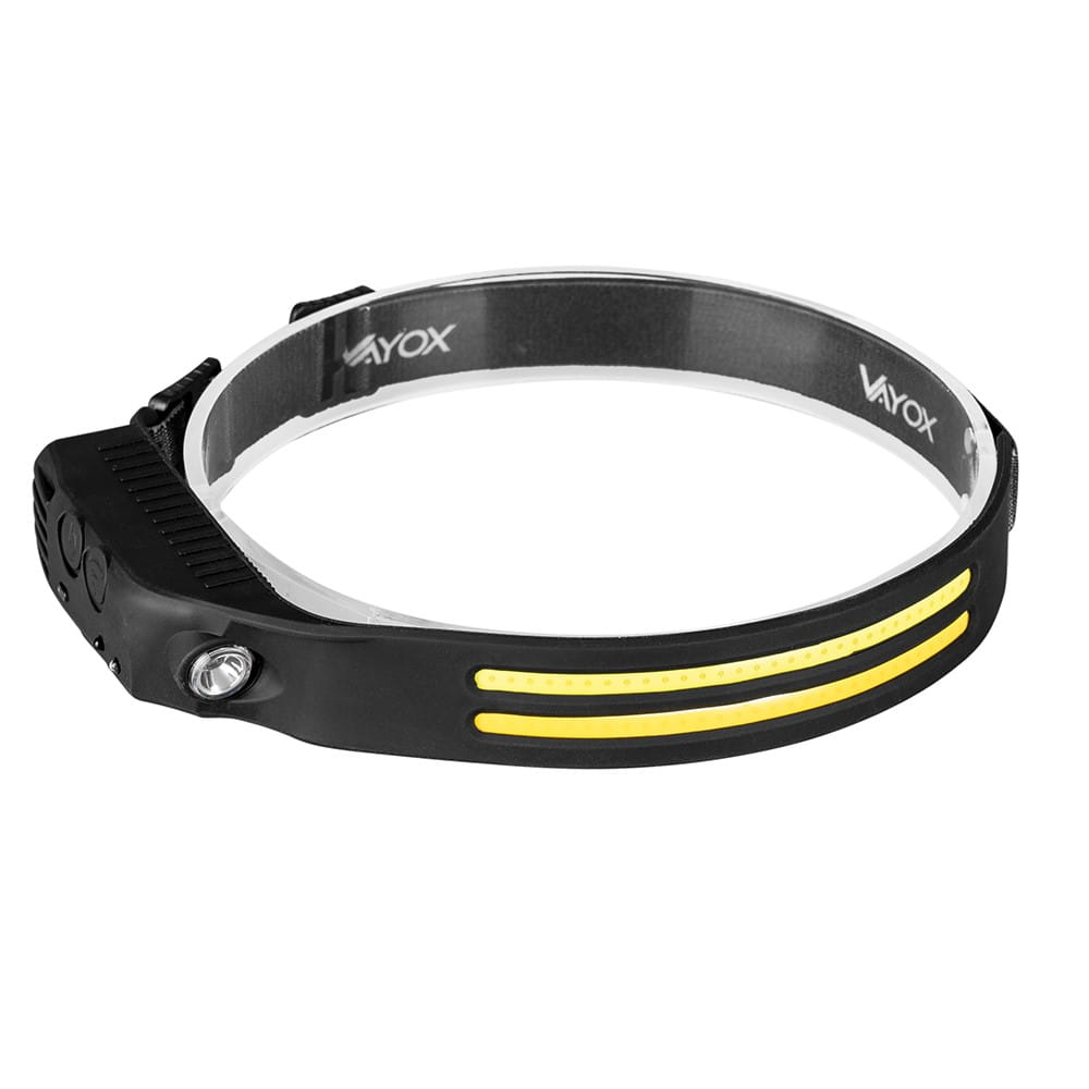 Czarna latarka czołowa z żółtymi paskami, noszona wokół białego paska na głowę.