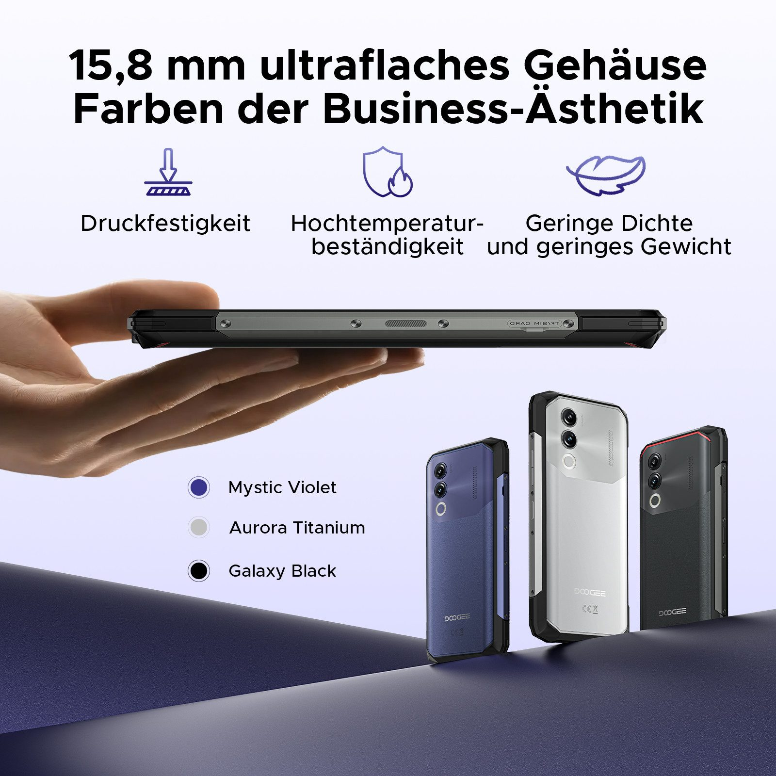 Drei Smartphones in verschiedenen Farben: blau, silber und schwarz, mit dunkelblauem Hintergrund.