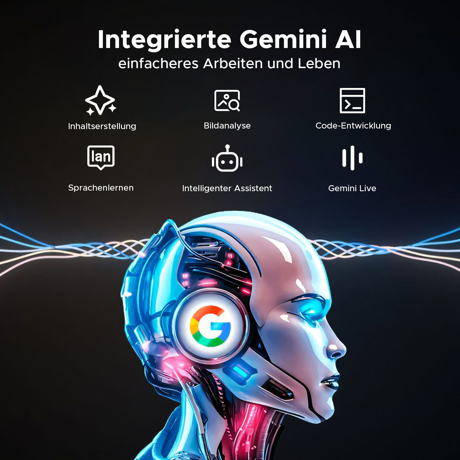 Grafik, die einen futuristischen Roboter mit dem Google-Logo und Icons darum herum zeigt.