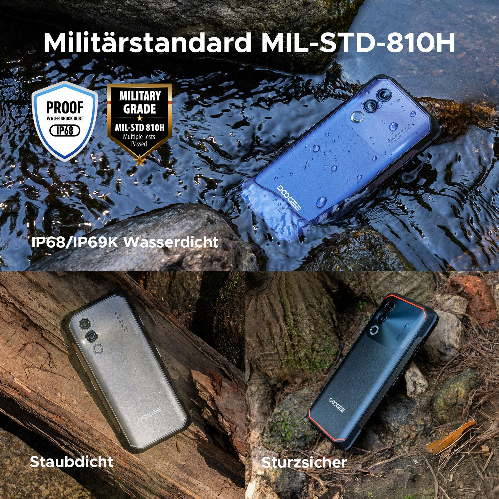 Drei Smartphones im Wasser, auf Holz. Sie sind blau, silber und schwarz. Text sagt wasserdicht.