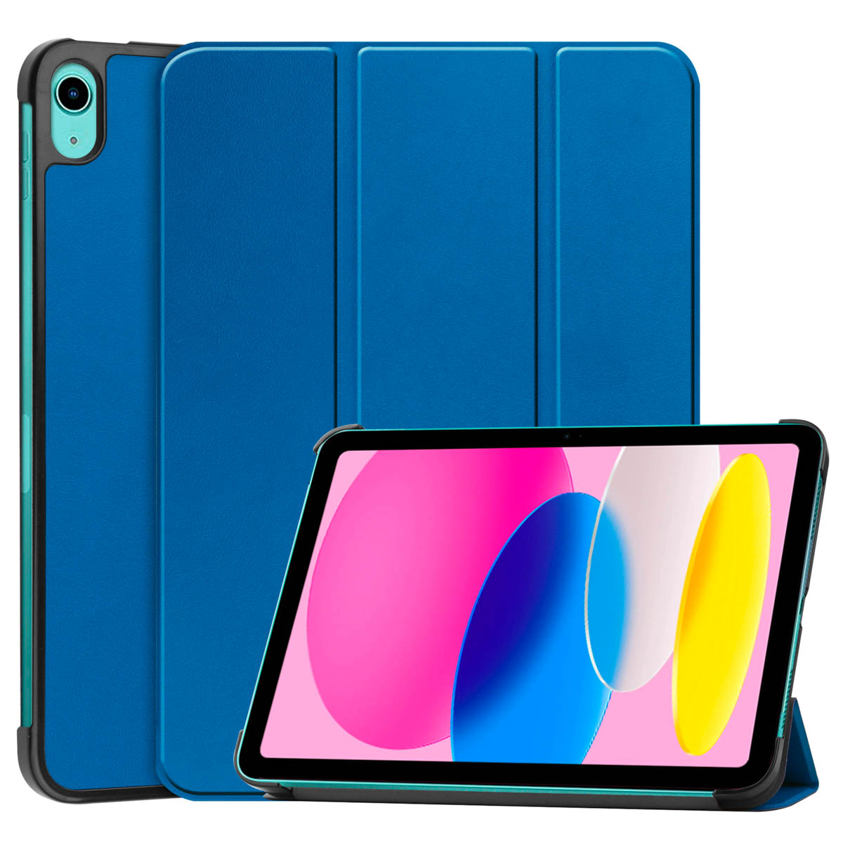 Een blauwe tablet in een blauwe hoes, de tablet heeft een roze en geel scherm.
