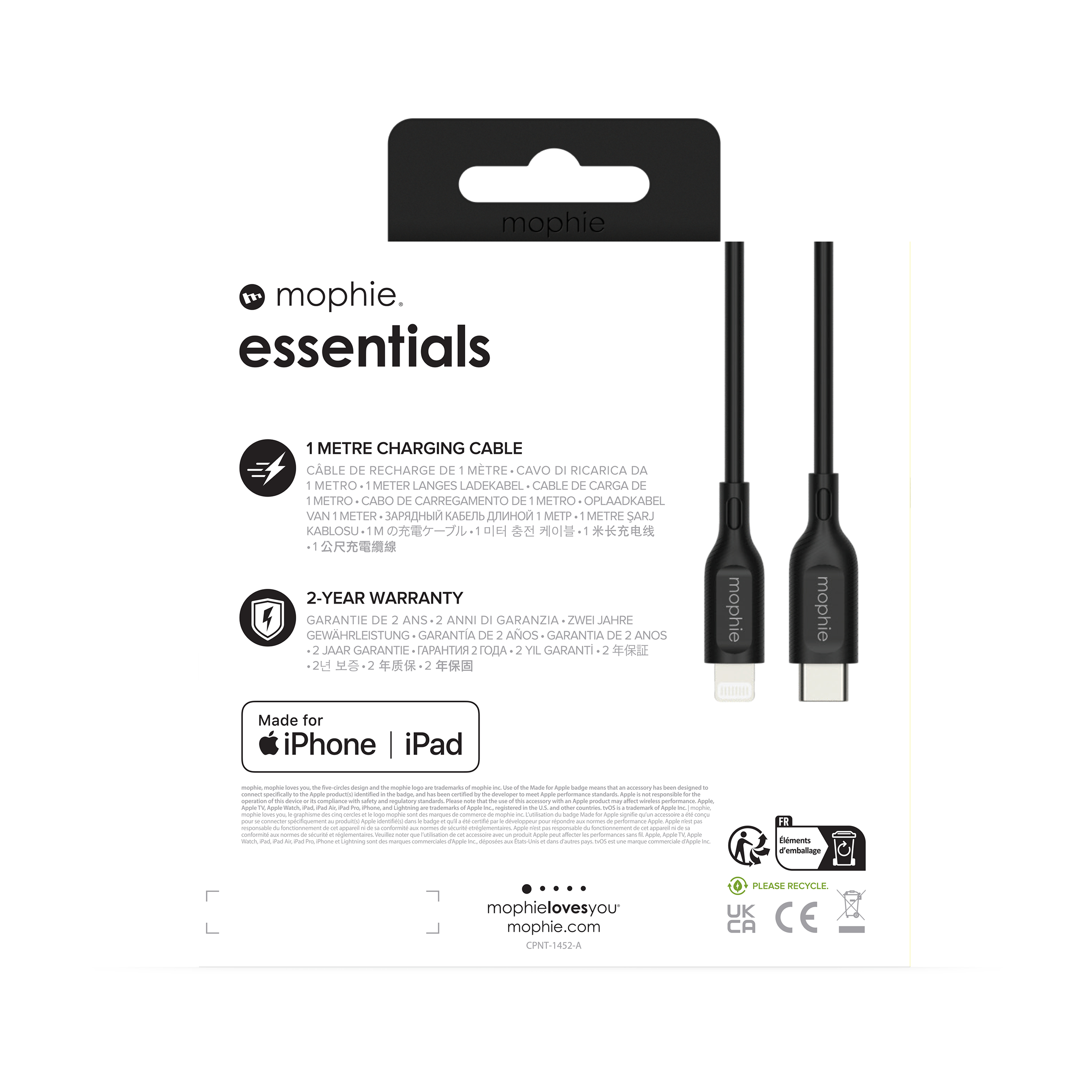 Mophie Essentials oplaadkabel verpakking met kabel en diverse pictogrammen op een witte achtergrond.