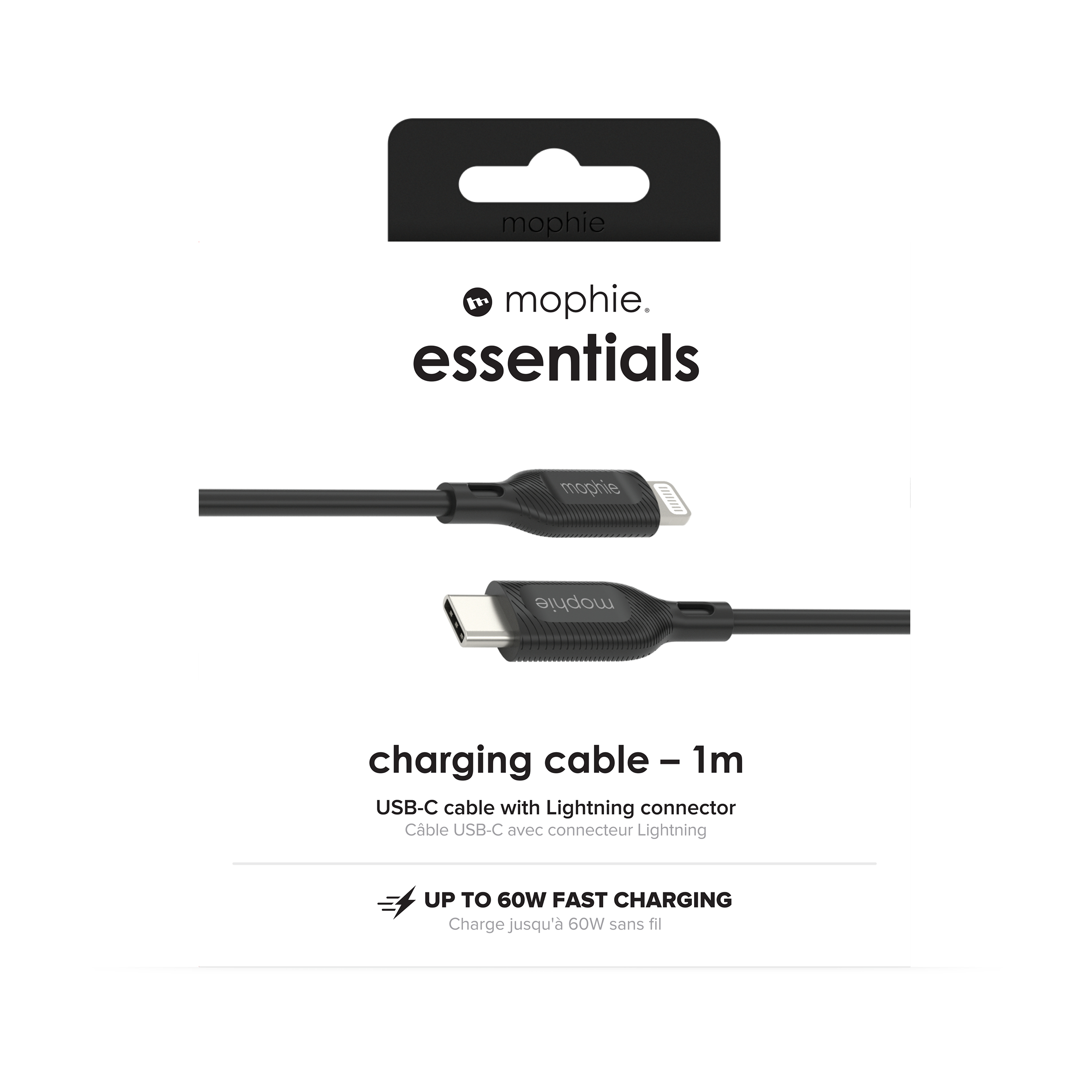 Verpakking van een zwarte oplaadkabel met Lightning- en USB-C-connectoren.