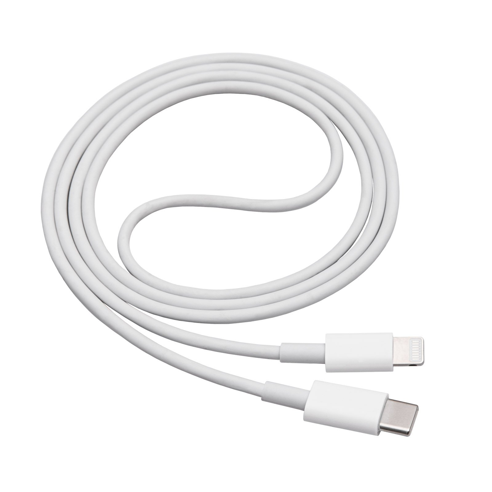 Cavo di ricarica bianco da Lightning a USB-C, arrotolato su sfondo bianco.