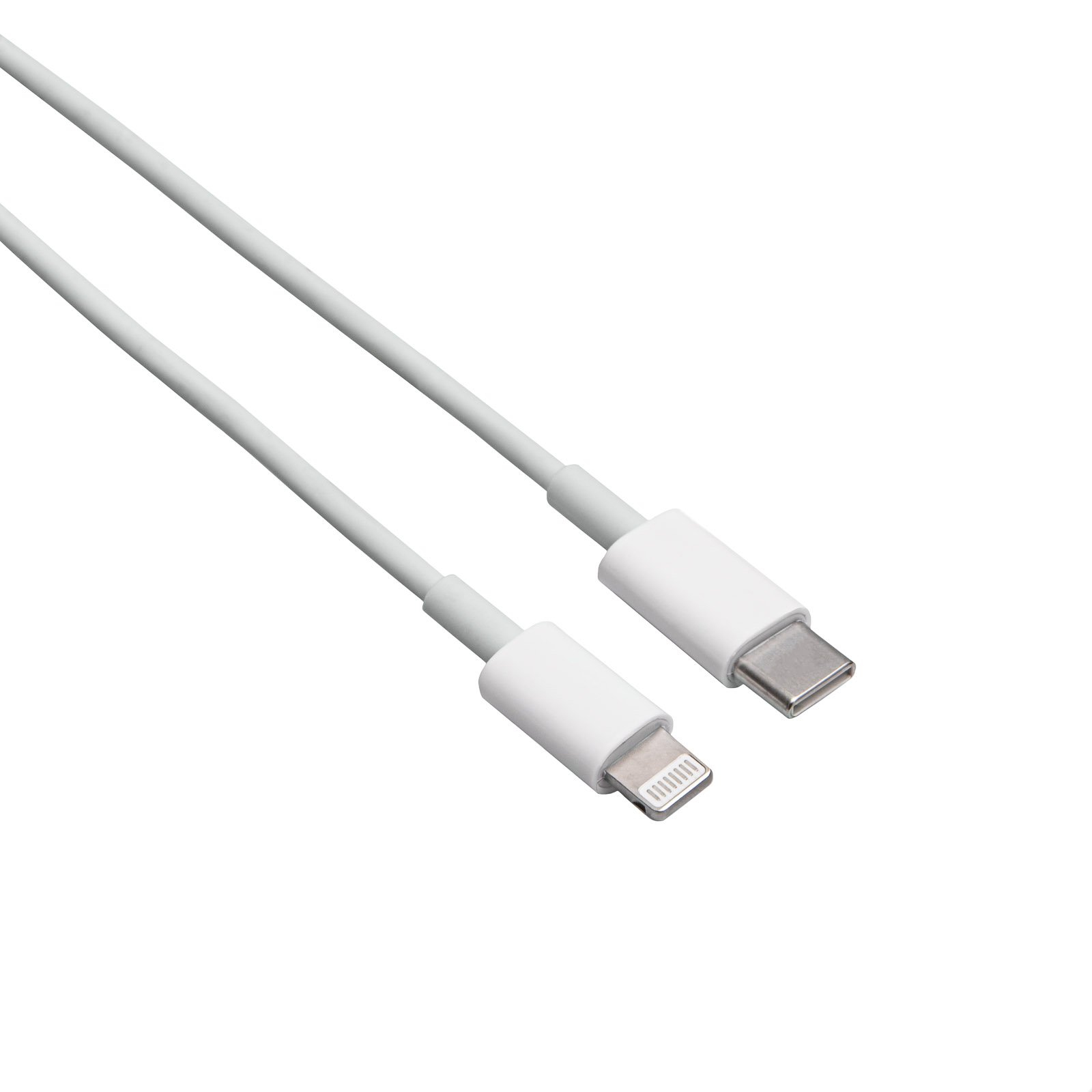 Cavo da Lightning a USB-C bianco ad angolo, su sfondo bianco.