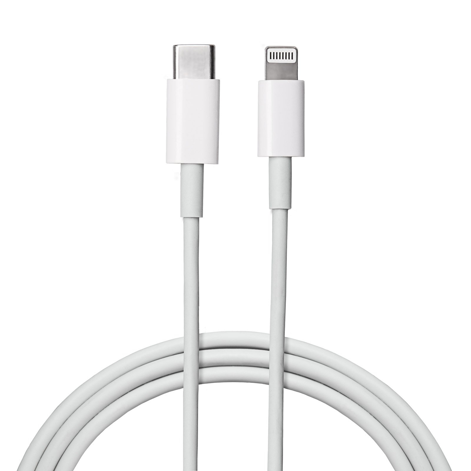 Cavo di ricarica bianco con un connettore USB-C e Lightning, su sfondo bianco.
