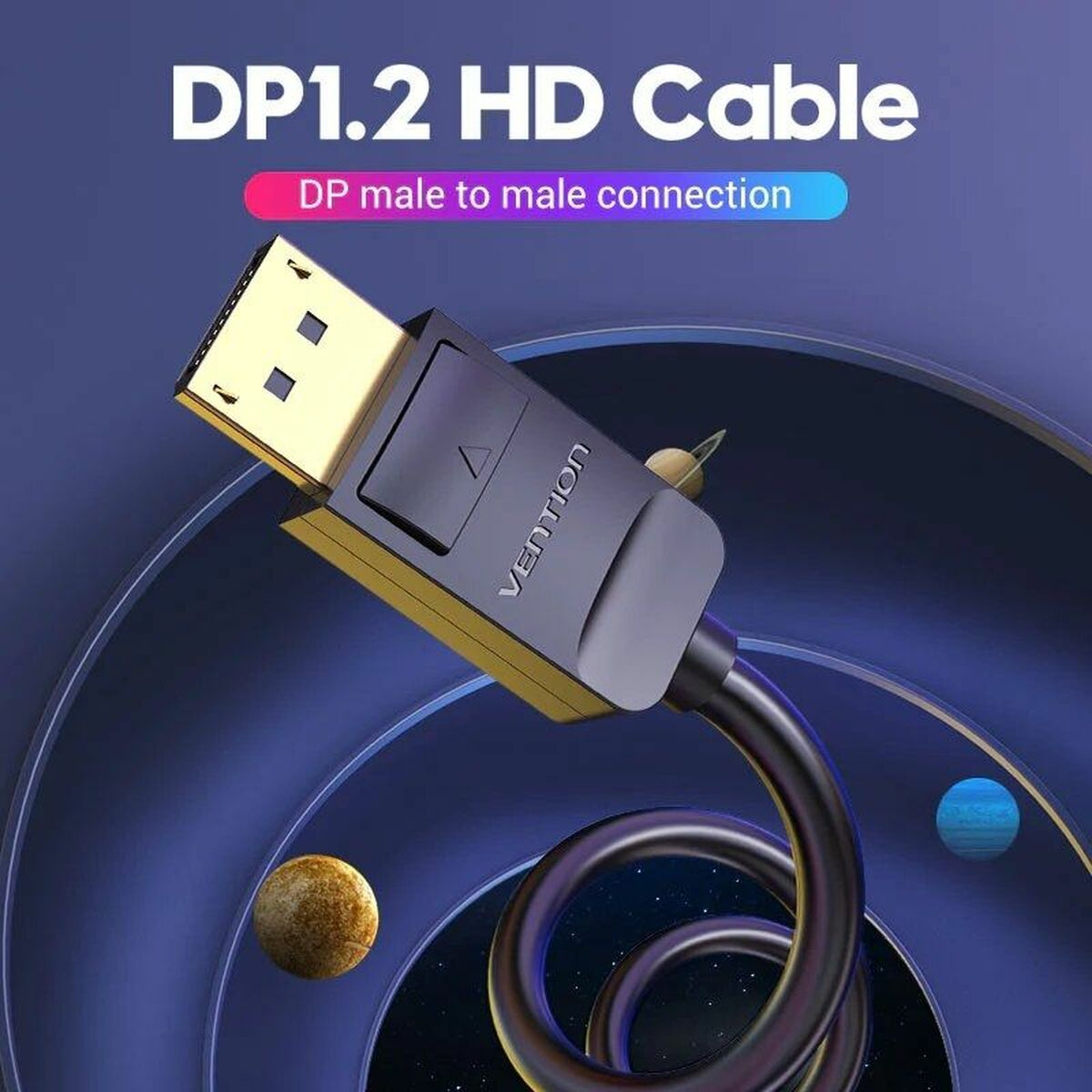 Un cavo nero DP1.2 HD con un connettore color oro e un cavo nero.