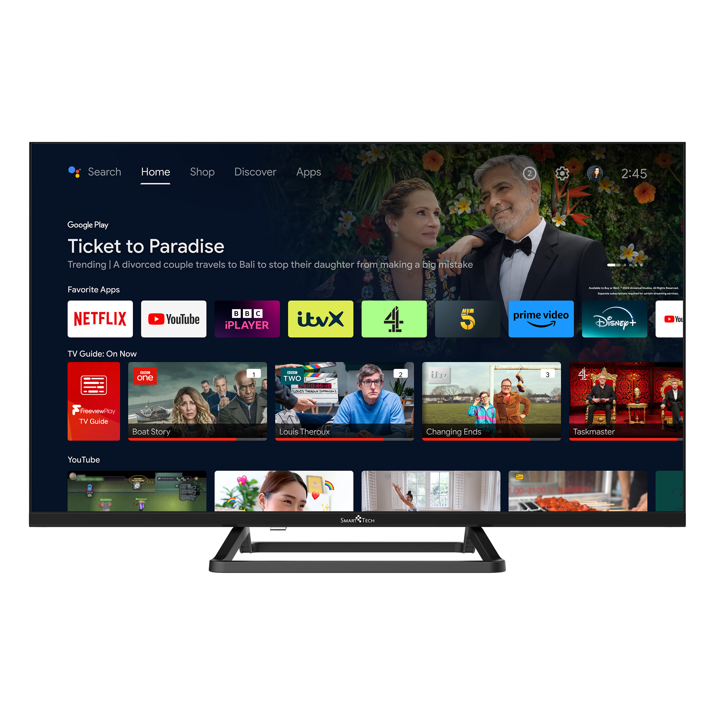 Schwarzer Fernsehbildschirm mit Smart-Oberfläche, App-Symbolen und Filmempfehlungen.