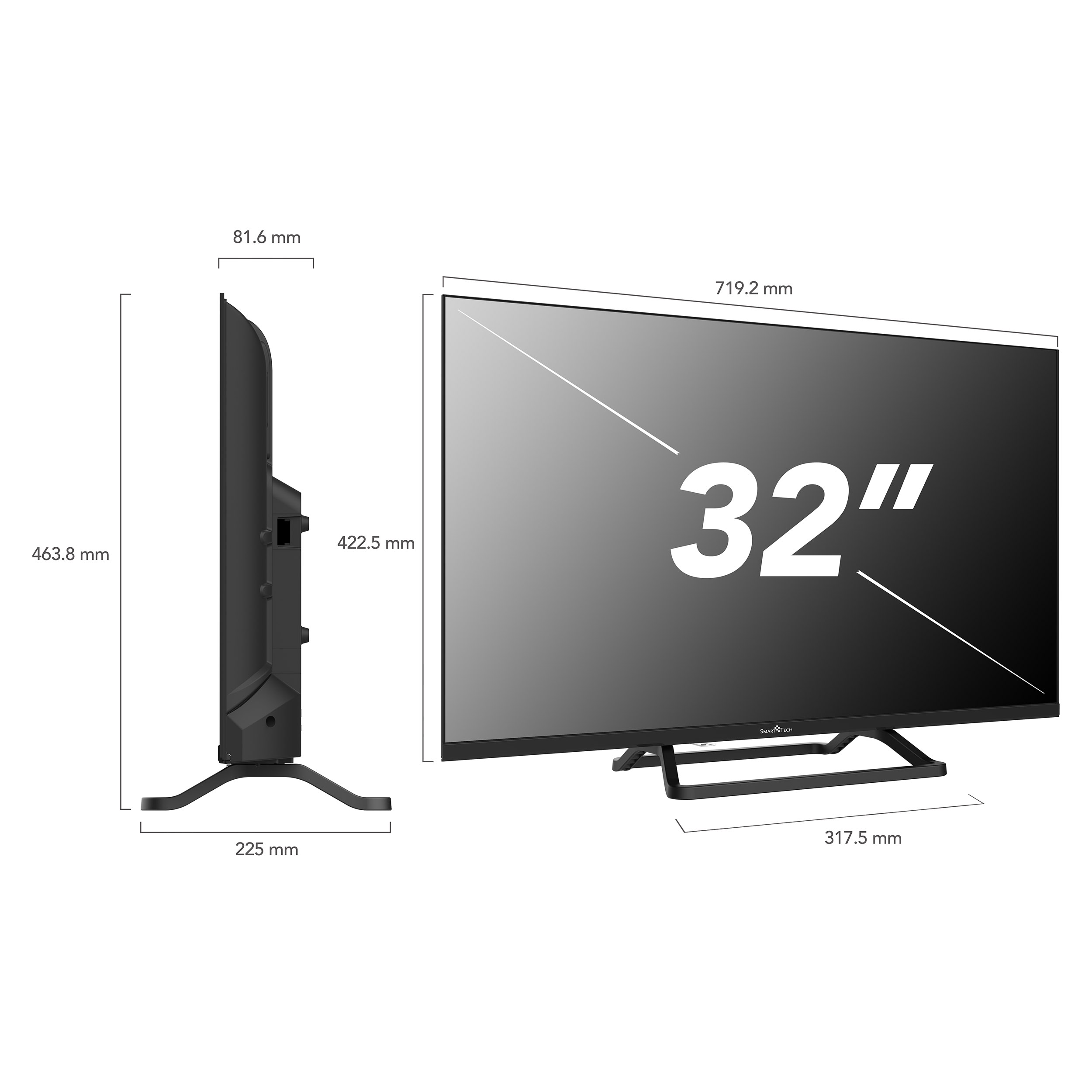 32-Zoll-Fernseher, schwarz, Seiten- und Vorderansicht. Abmessungen sind angegeben. Der Fernseher hat einen Ständer.