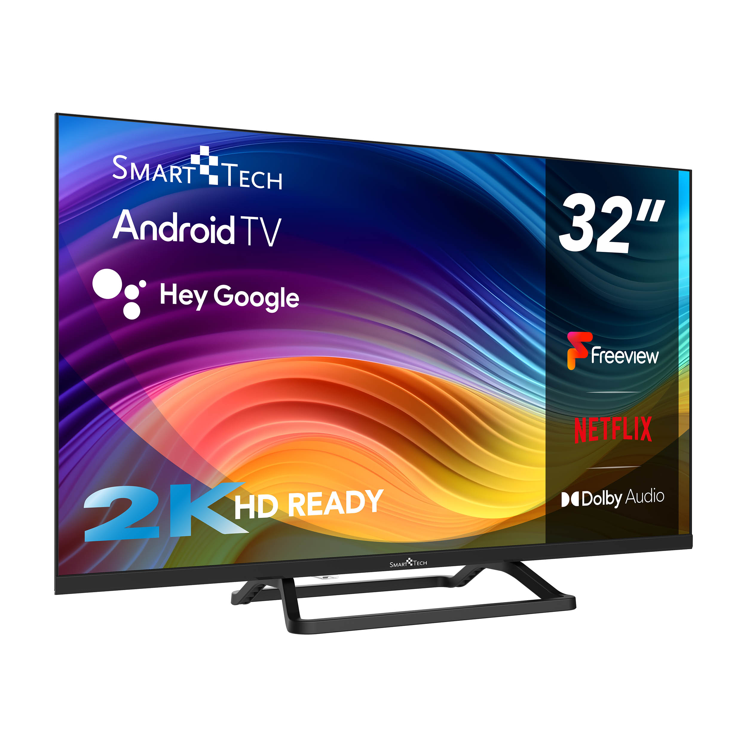 32-Zoll Smart Tech Android TV. Merkmale: 2K HD Ready, Freeview, Netflix, Dolby Audio. Hey Google Logo sichtbar.