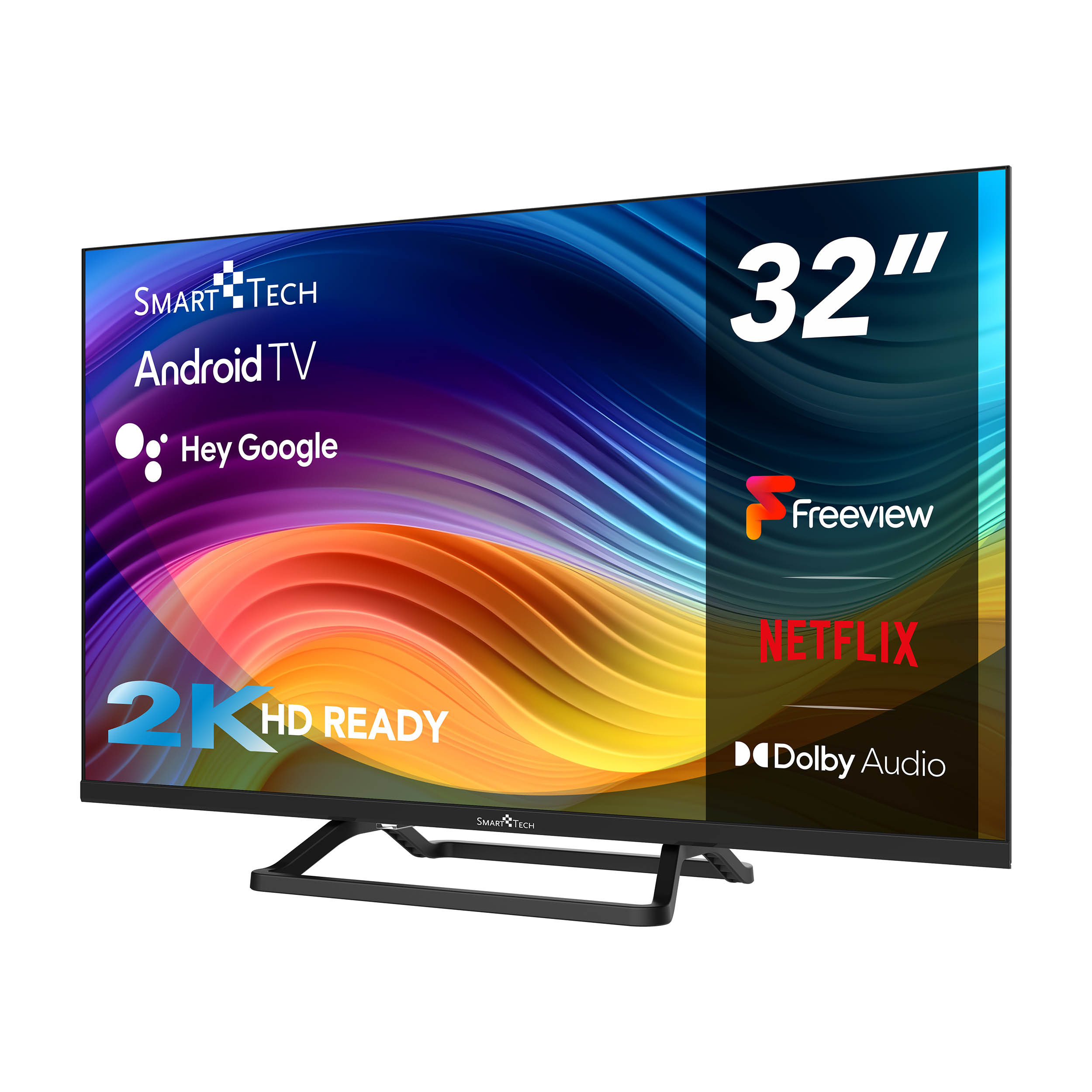 32-Zoll Smart Tech Android TV. Merkmale: 2K HD Ready, Freeview, Netflix und Dolby Audio. Schwarzer Ständer.