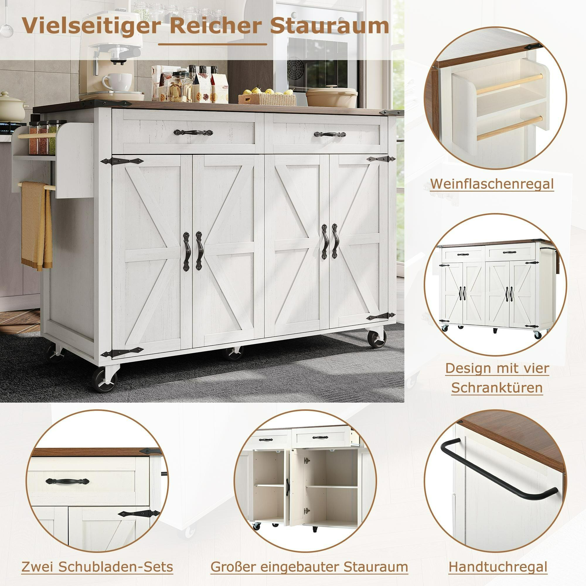 Weiße Kücheninsel mit Holzplatte, Schubladen, Türen und Rollen.