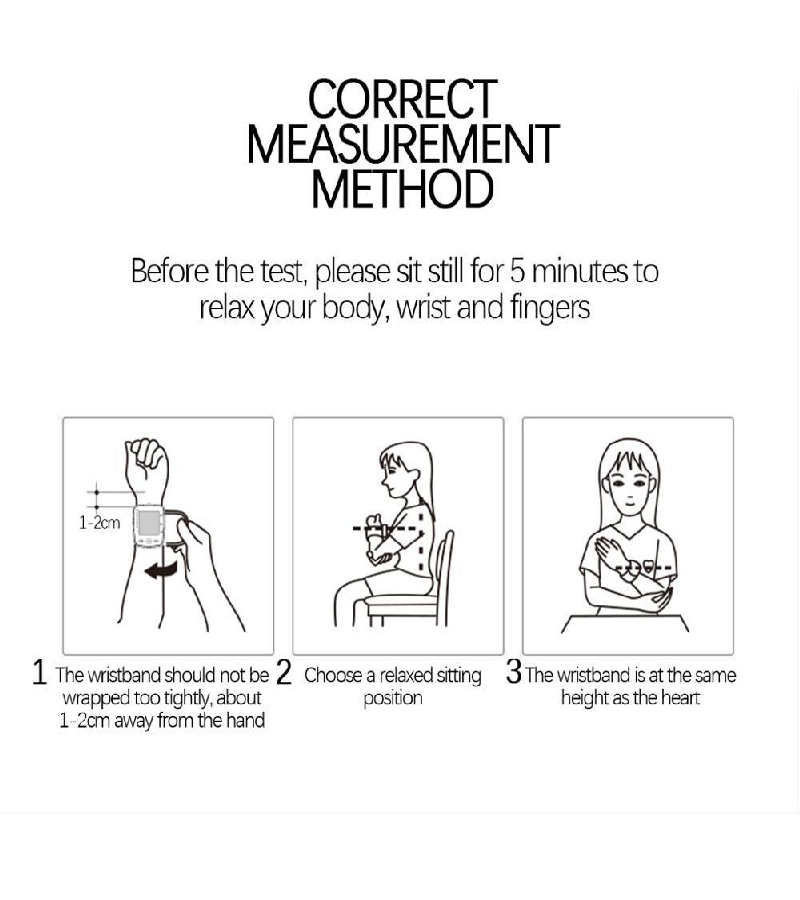 Diagramm zur korrekten Messmethode für ein Armband. Schritte: Entspannen, still sitzen, Position in richtiger Höhe.