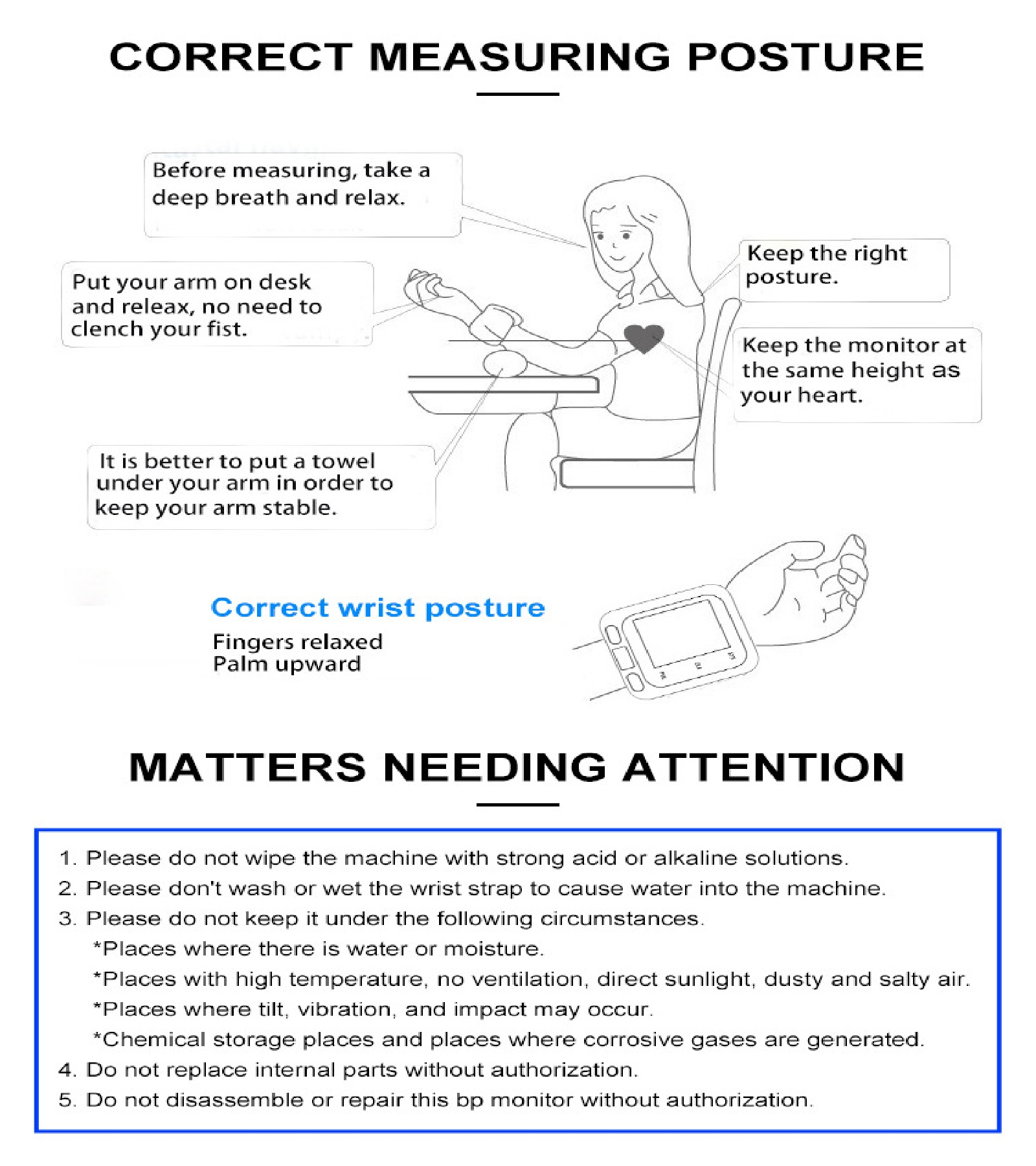 Diagramm, das die korrekte Haltung zur Blutdruckmessung zeigt. Inklusive Armposition, Hand- und Herz-Illustrationen.