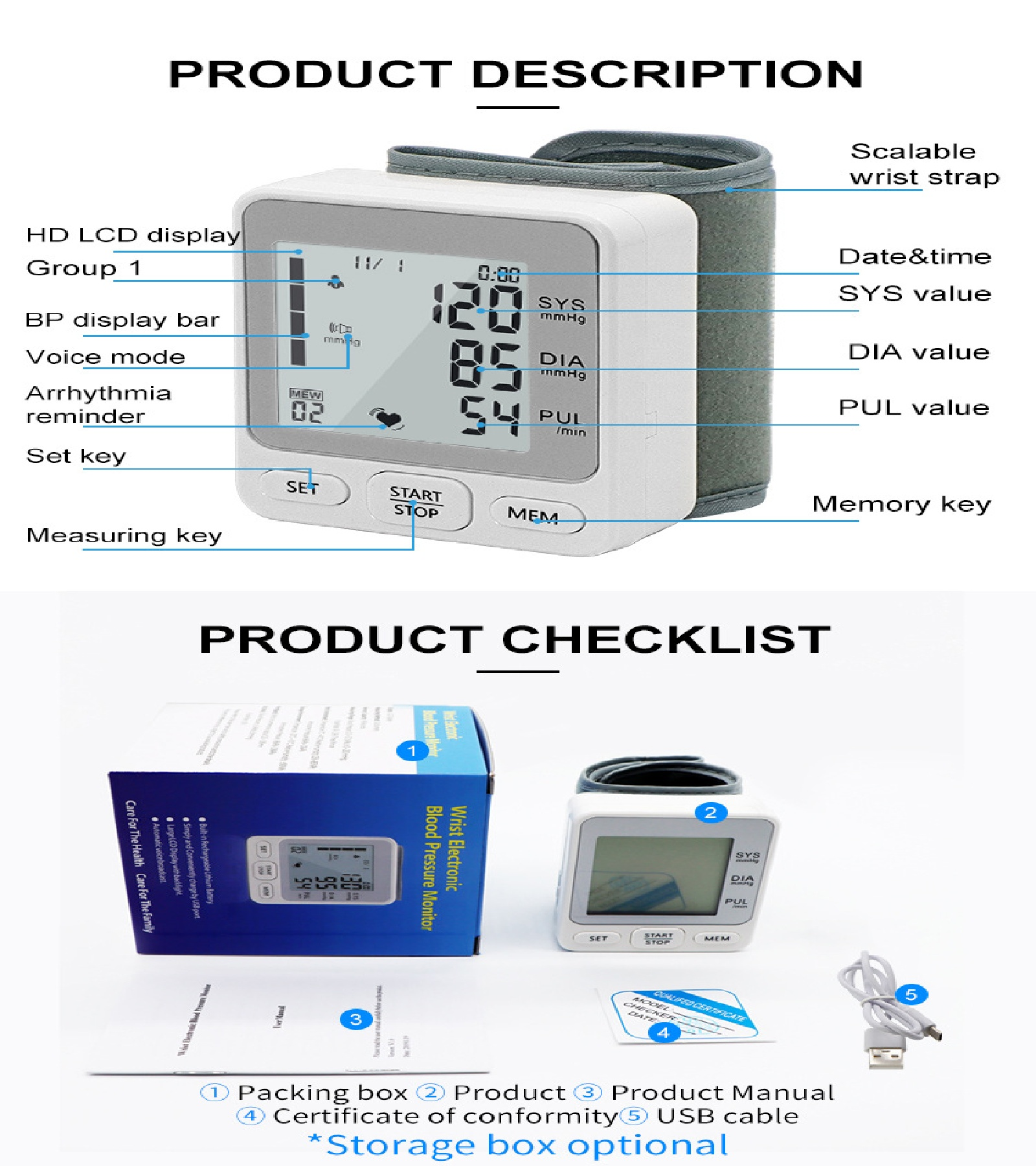 Blutdruckmessgerät mit Produktdetails: HD-Display, Speichertaste und Produkt-Checkliste mit Zubehör.