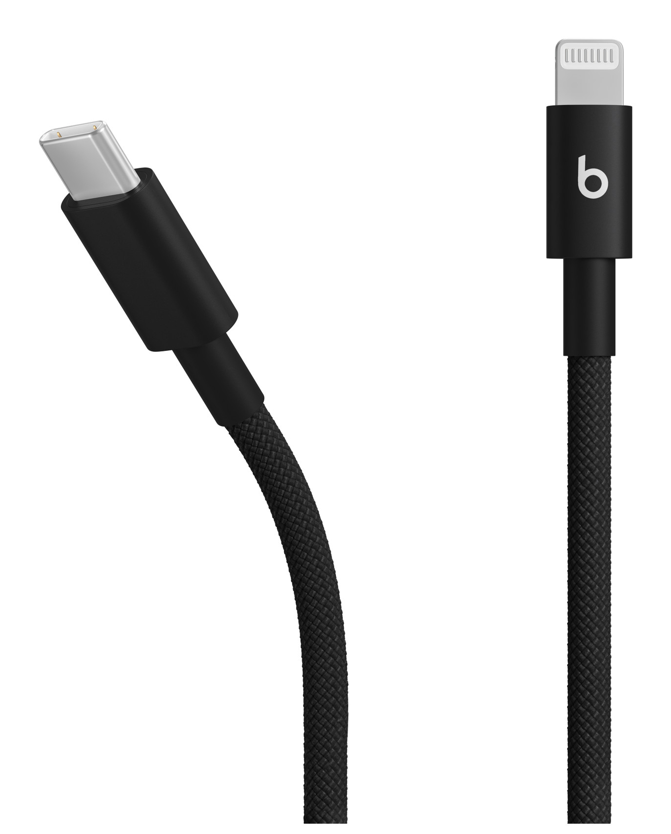 Czarny i biały kabel Beats USB-C do Lightning. Pleciony kabel. Złącze Lightning ma logo Beats.