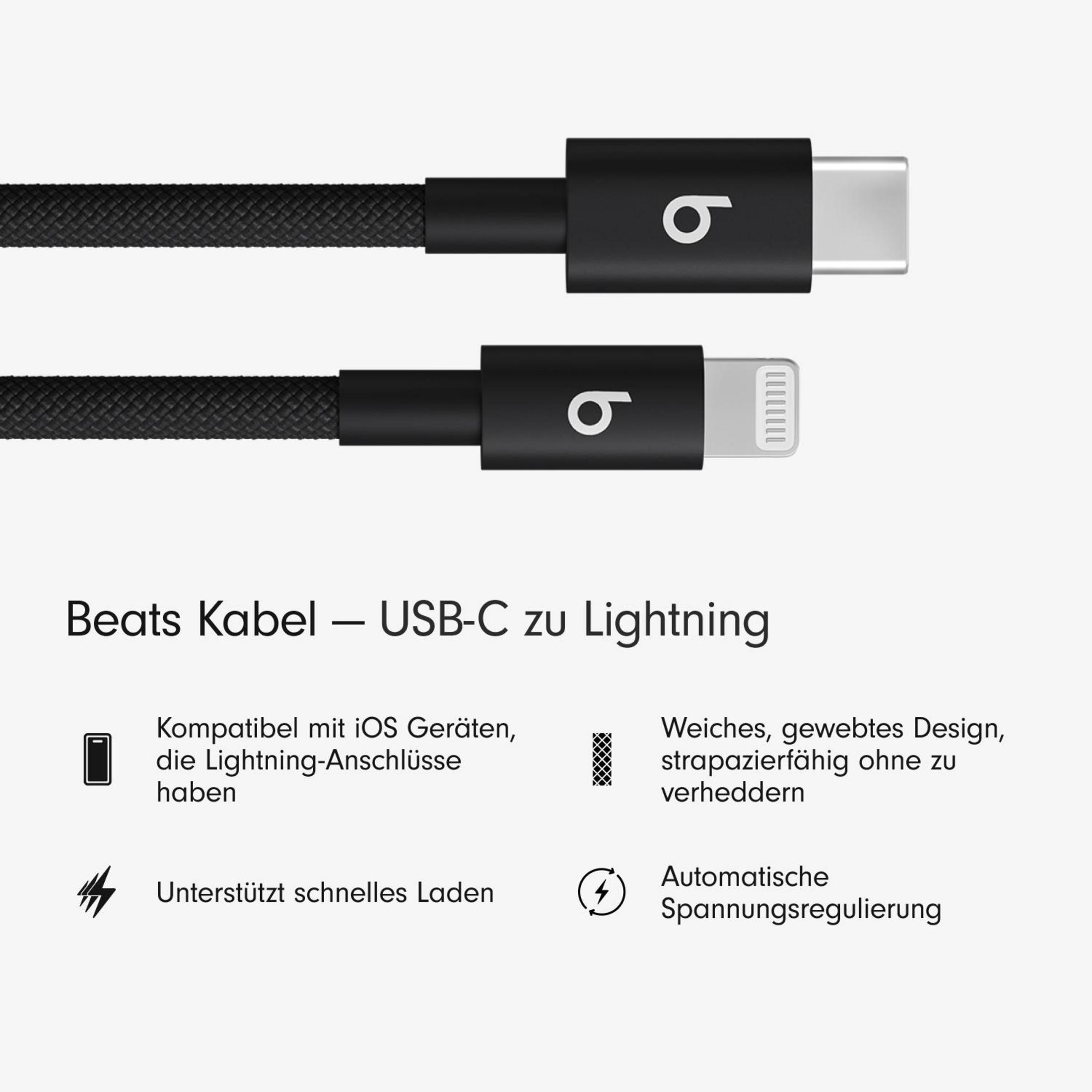 Czarny kabel Beats USB-C do Lightning. Pokazuje końcówki kabla i tekst opisujący cechy produktu.