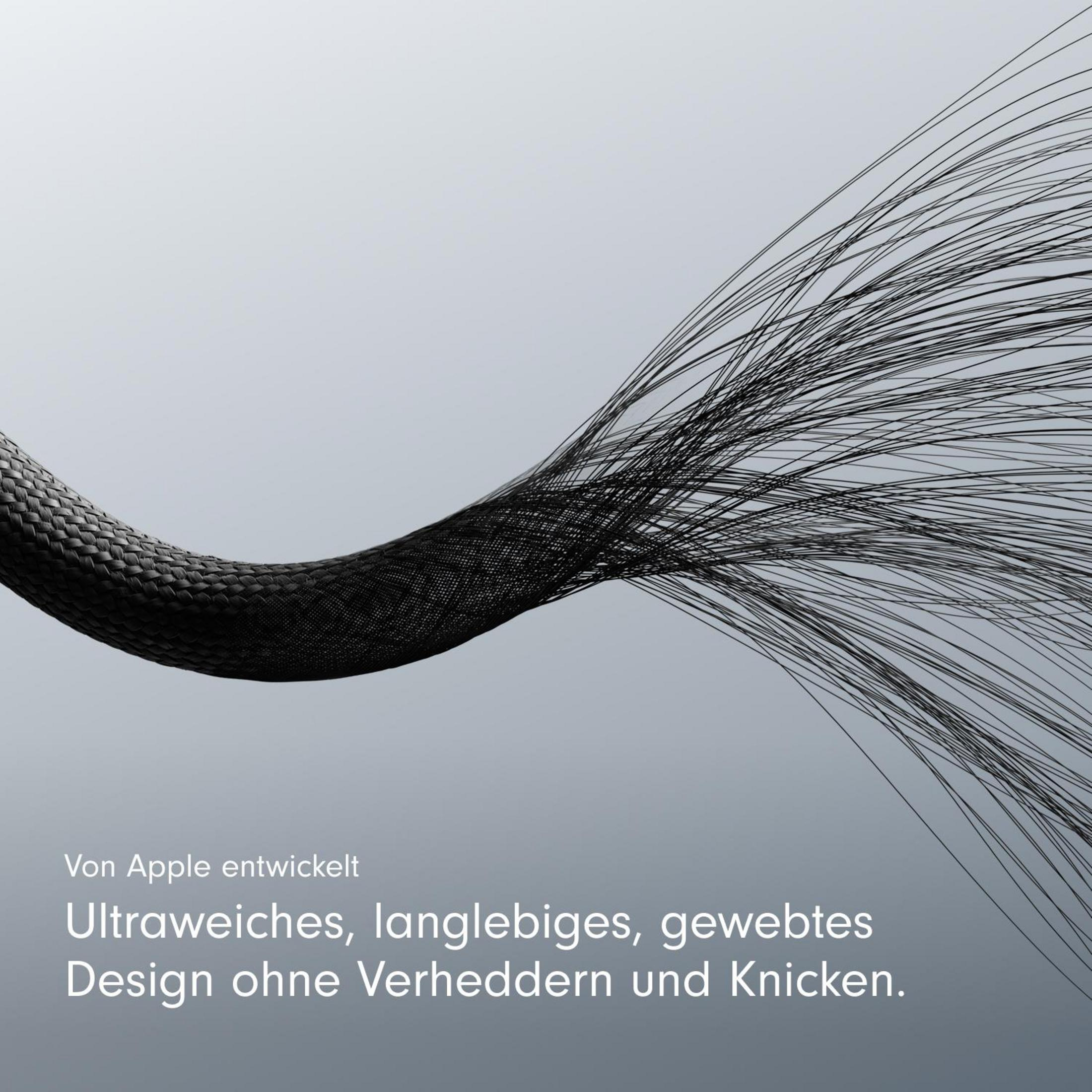 Czarny kabel z tkanym wzorem na tle szarego gradientu. Kabel wydaje się falować.