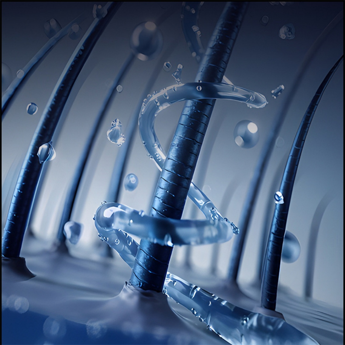 Nahaufnahme von Haarsträhnen mit Wassertropfen und einer transparenten Wirbel.