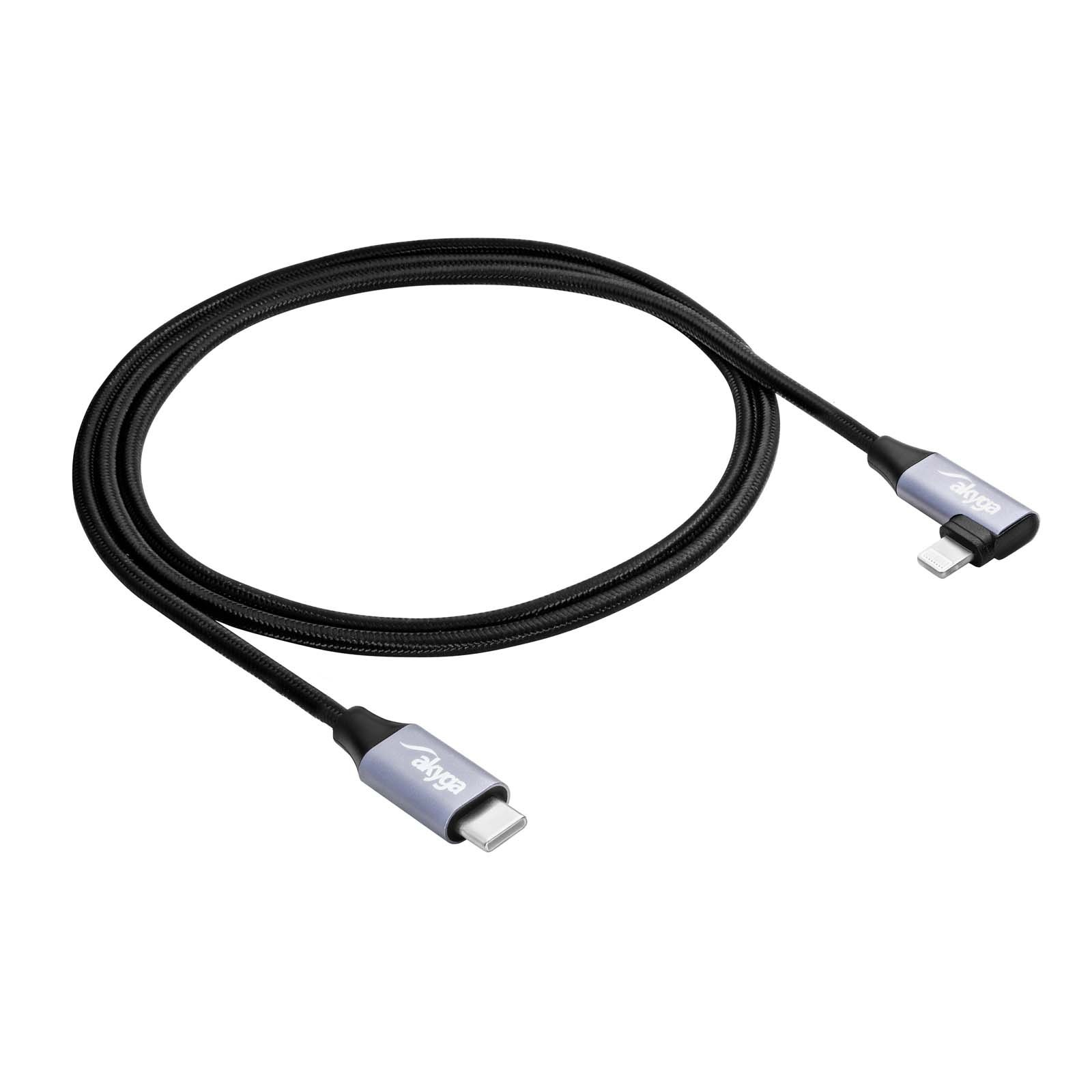 Un cavo nero da USB a Lightning per caricare dispositivi, con il marchio 'Akyga'.
