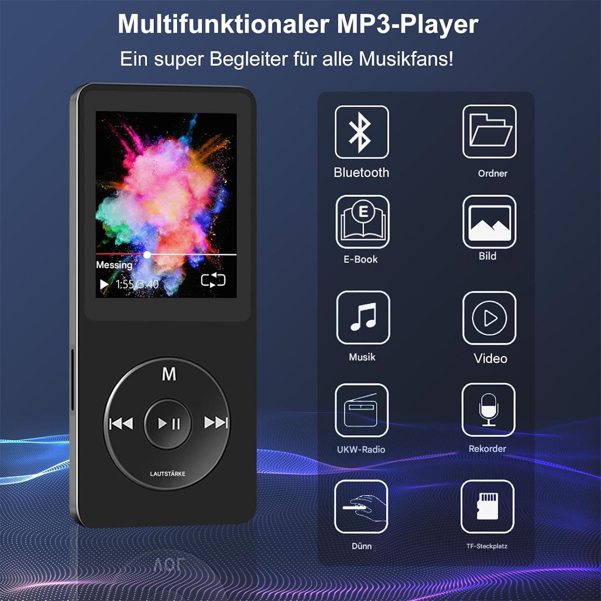 Schwarzer MP3-Player. Zeigt eine farbenfrohe Grafik und verschiedene Funktionssymbole.