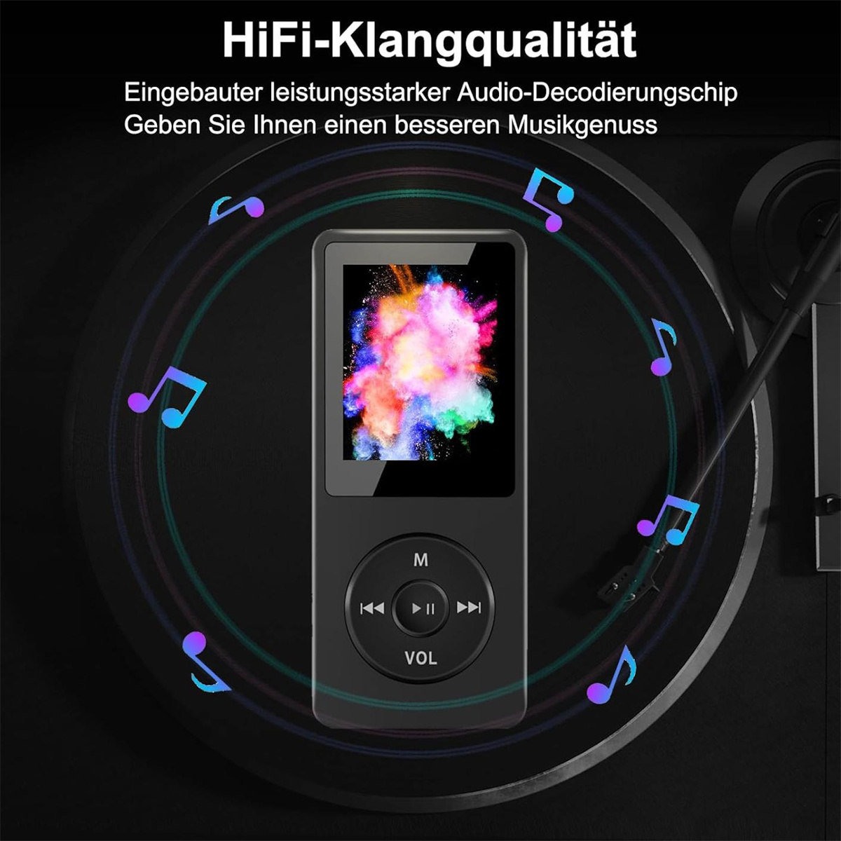 Schwarzer MP3-Player, der ein farbenfrohes Bild mit Notensymbolen anzeigt.